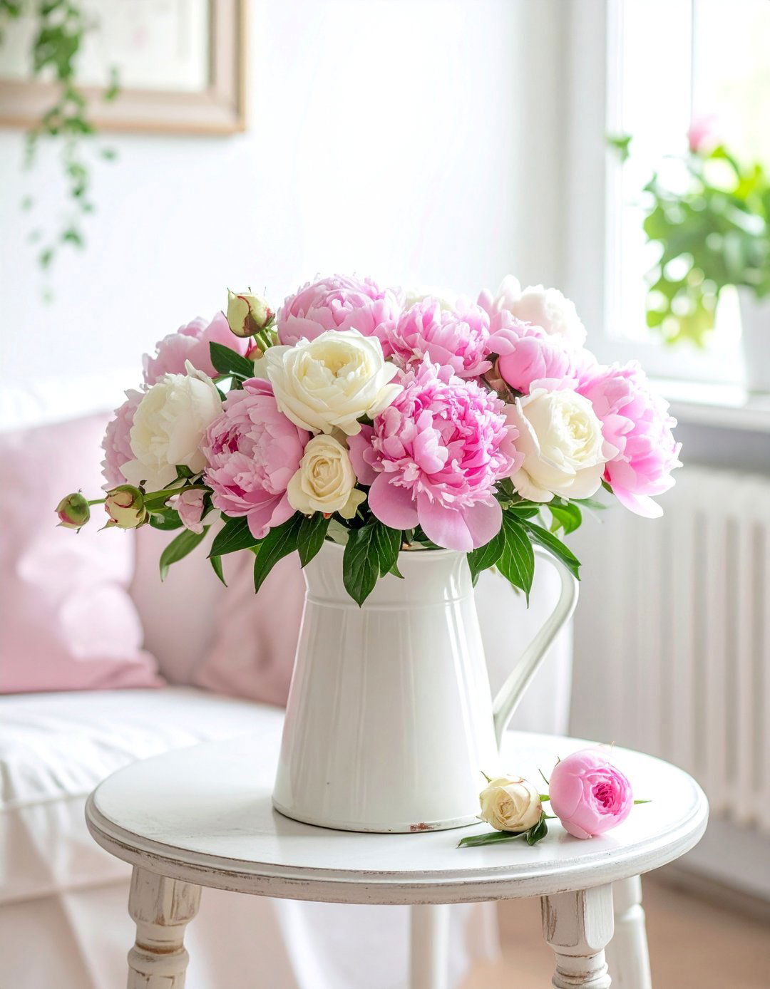 Fresh Roses and Peonies in a Pitcher - 25 Shabby-chic Style Living Room Ideas for Charm