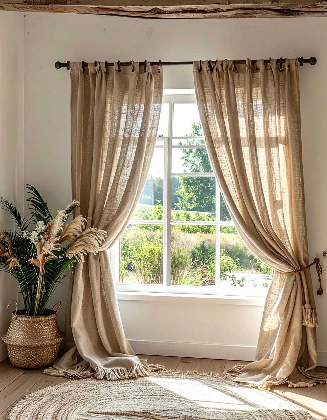 Fringed Edge Burlap Curtains - 40 Farmhouse Window Treatment Ideas for a Cozy Home