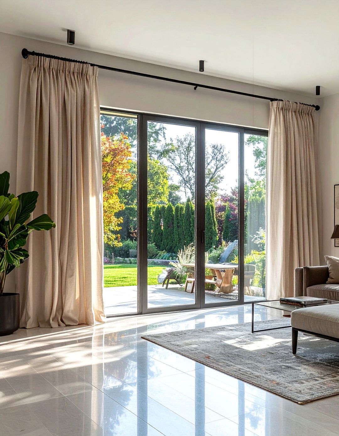 Full Length Drapes in Neutral Linen - 40 Transitional Living Room Ideas for Modern Homes
