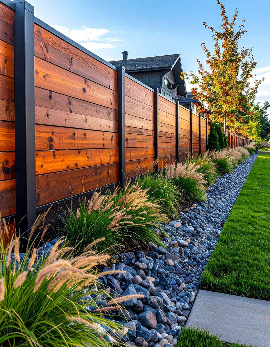 Gabion Wall and Wood Panel Fence - 25 Metal and Wood Fence Ideas for Your Outdoor Space