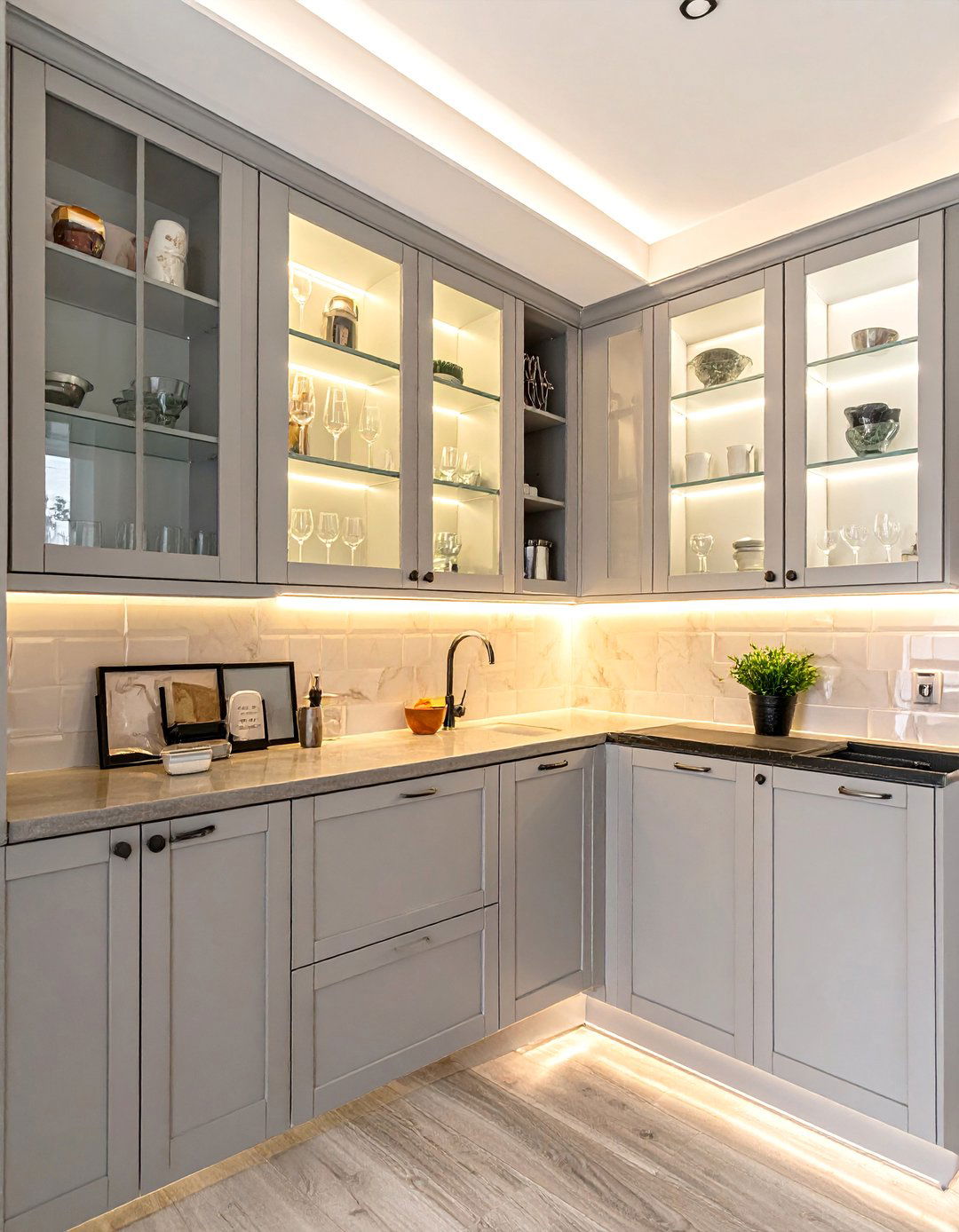 Galley Kitchen with Glass Front Upper Cabinets - 40 Galley Kitchen Ideas to Maximize Your Space