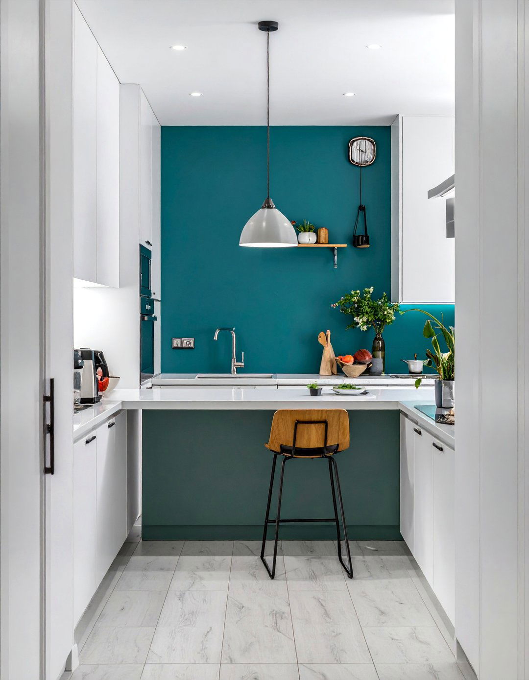 Galley Kitchen with a Brightly Colored Accent Wall - 40 Galley Kitchen Ideas to Maximize Your Space