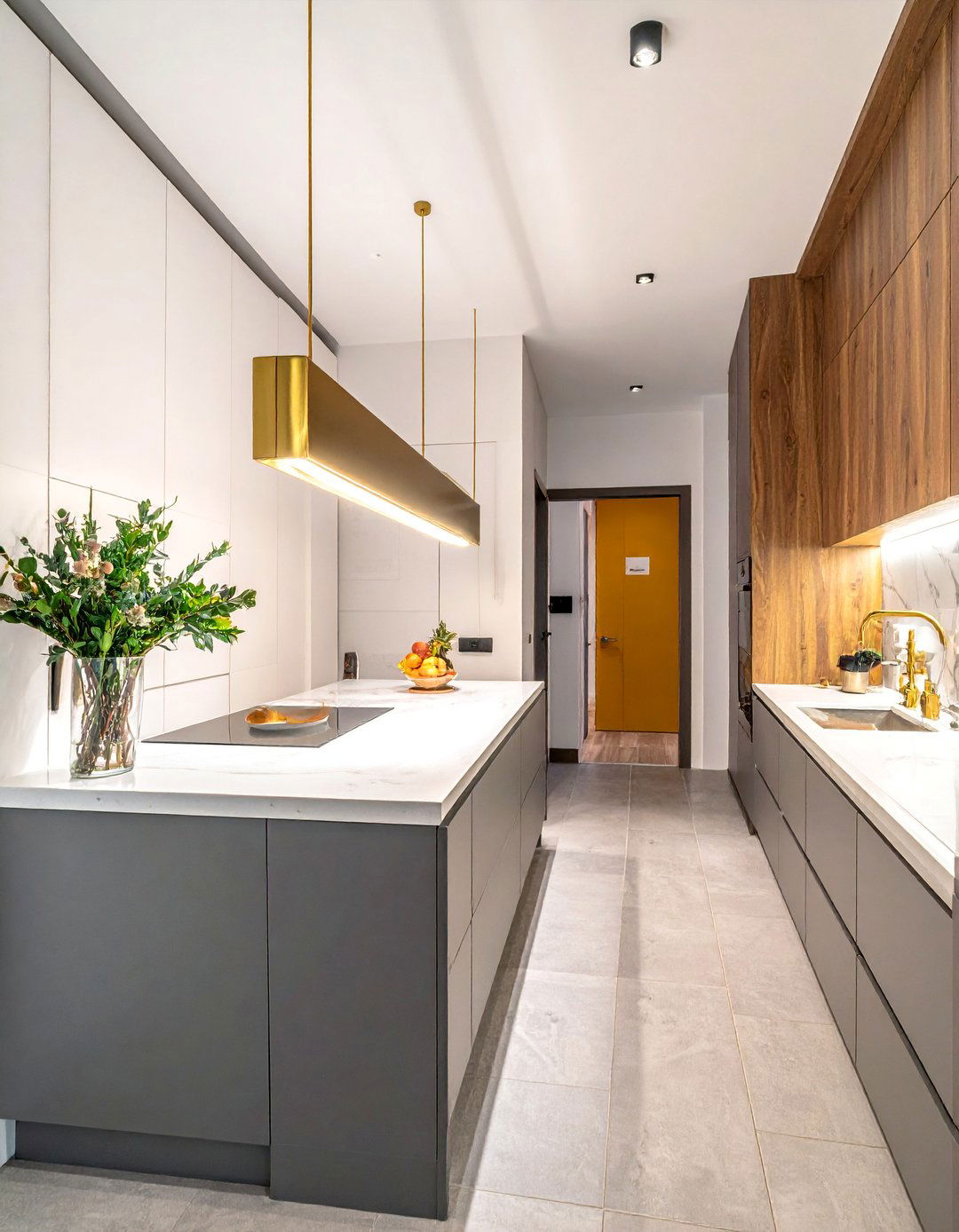 Galley Kitchen with a Single Statement Pendant Light - 40 Galley Kitchen Ideas to Maximize Your Space