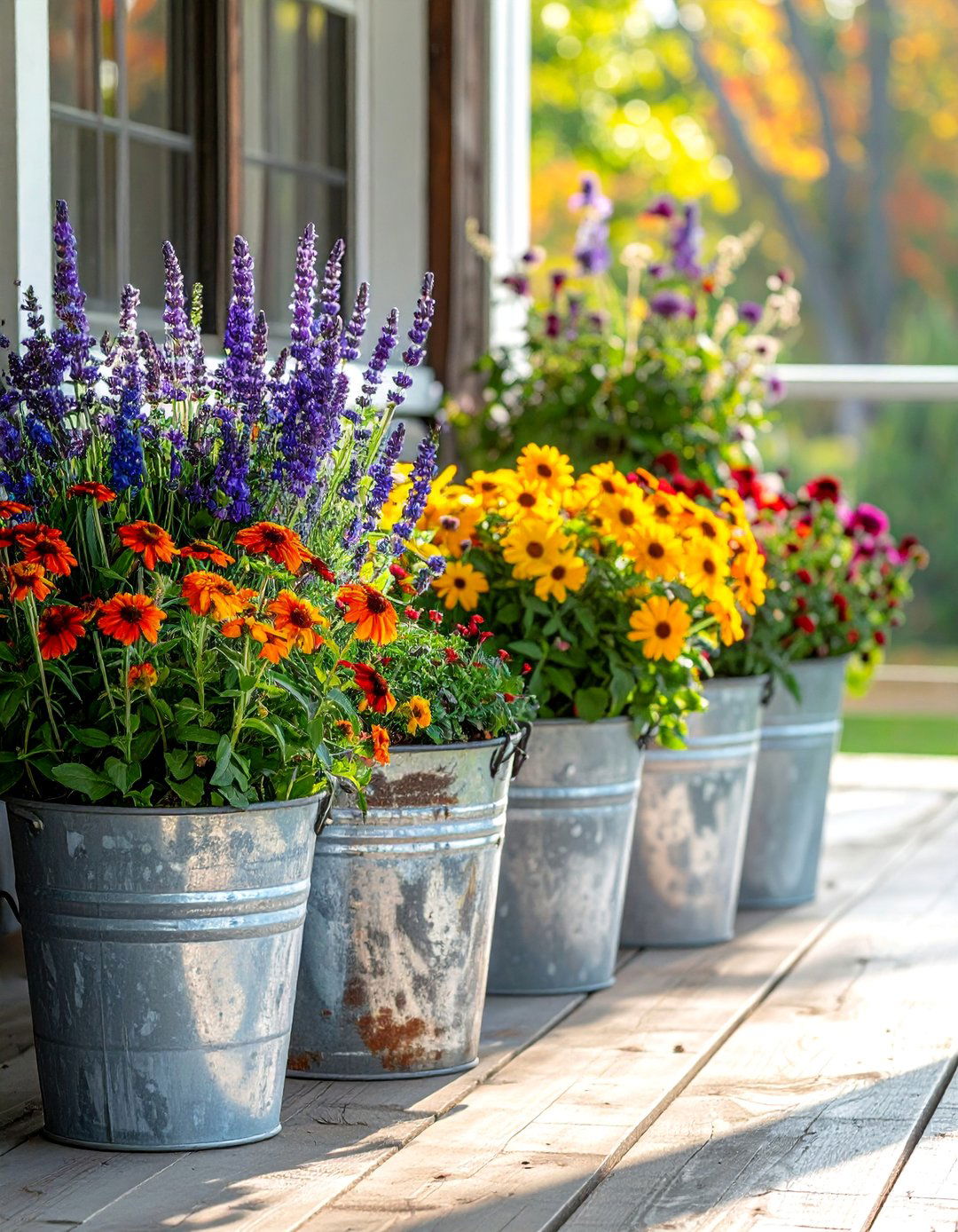 Galvanized Bucket Planter Groupings - 30 Rustic Porch Ideas to Enhance Your Outdoor Space
