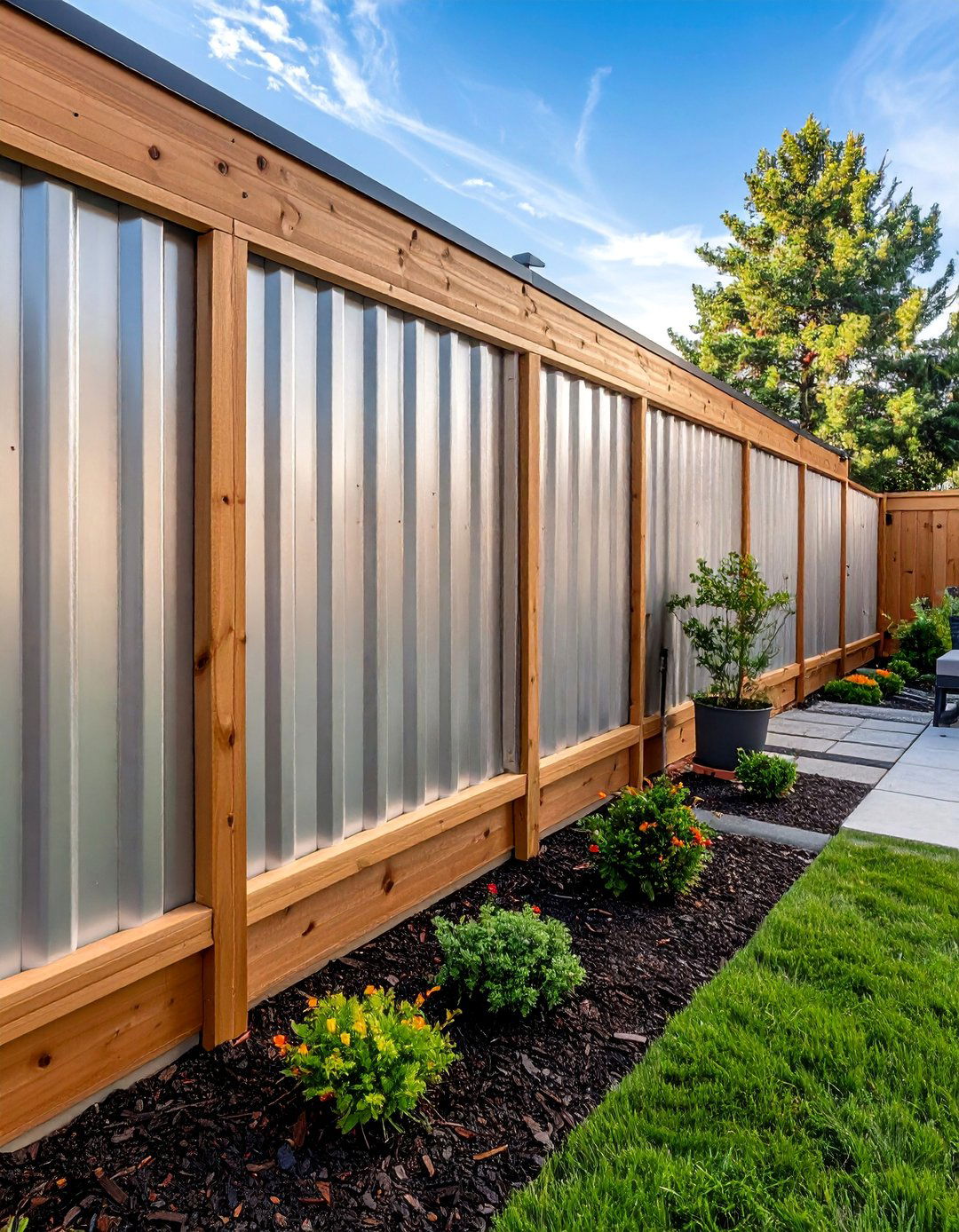 Galvanized Steel and Pine Wood Fence - 25 Metal and Wood Fence Ideas for Your Outdoor Space