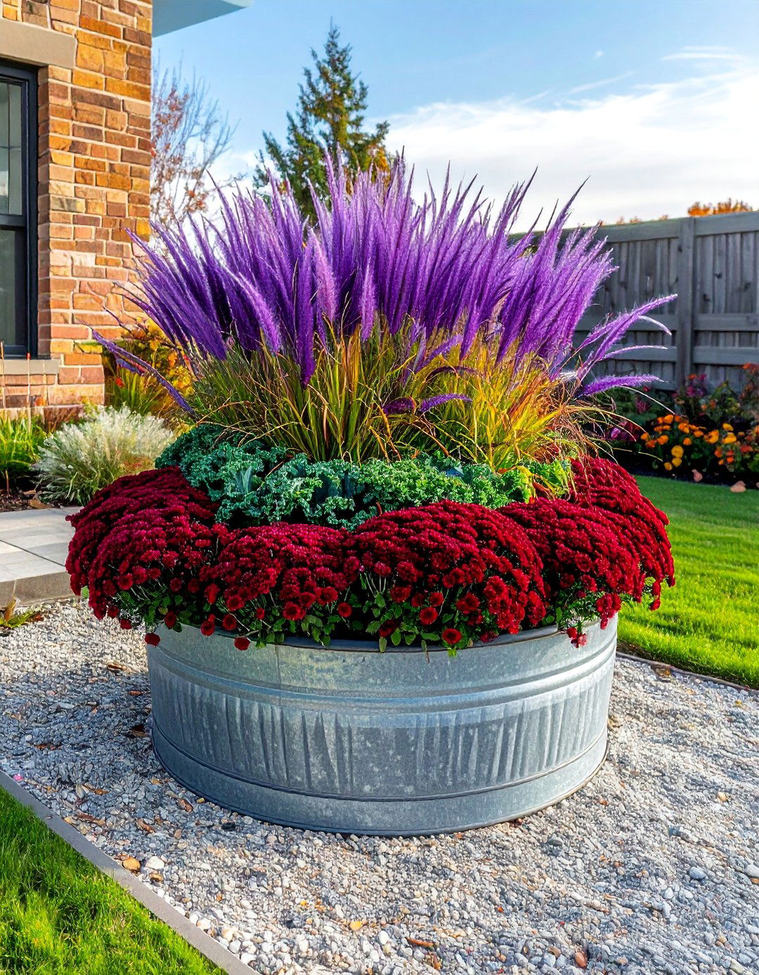 Galvanized Tub and Grass Fall Planter - 40 Fall Planter Ideas to Add Seasonal Charm