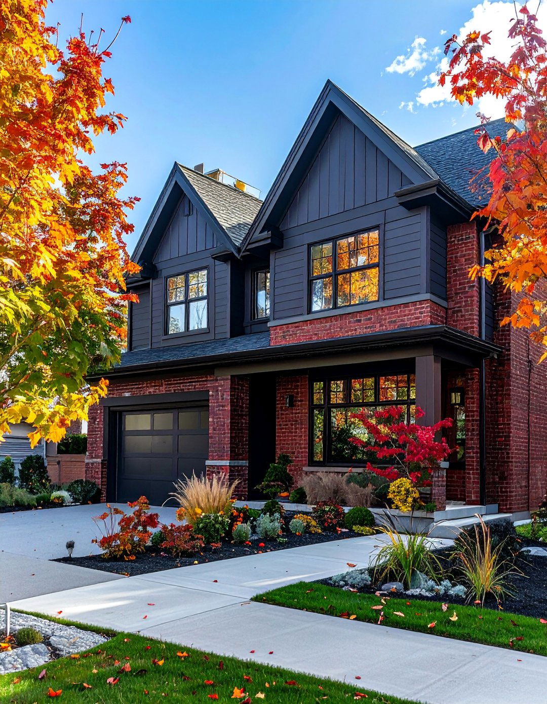 Gauntlet Gray with Red Brick - 40 Gray Exterior House Paint Ideas for Modern Homes