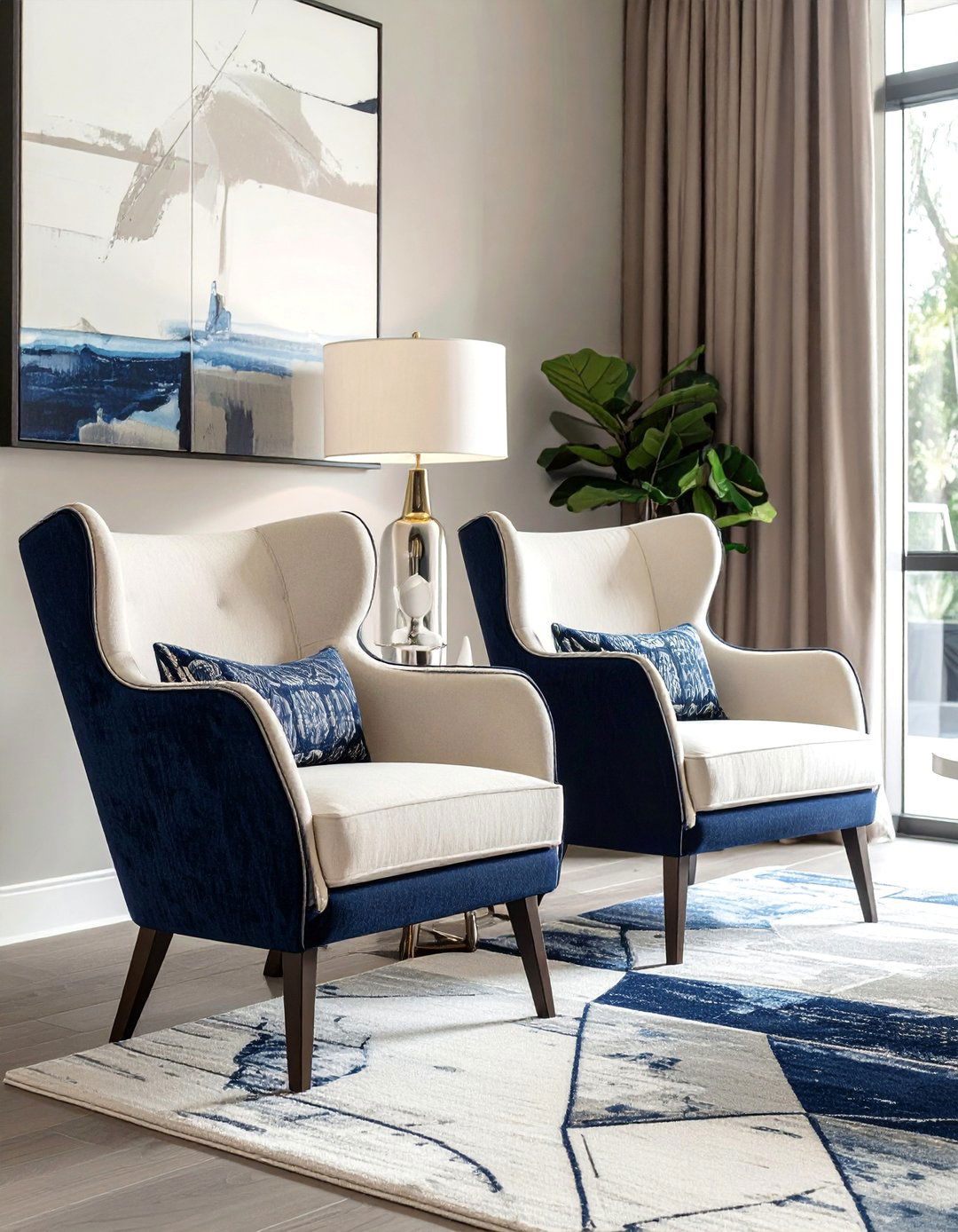 Geometric Patterned Navy and Cream Furnishings - 25 Navy and Cream Living Room Ideas for Timeless Elegance