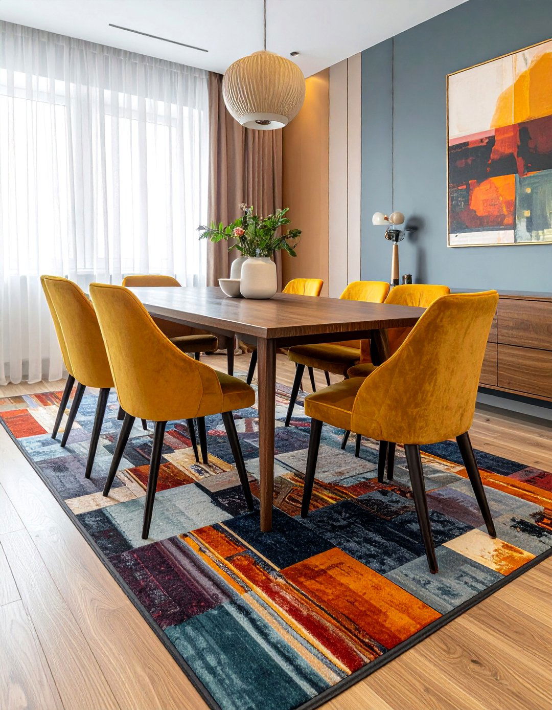 Geometric Patterned Rugs with Solid Furniture - 40 Luxurious Dining Room Ideas for Elegant Entertaining