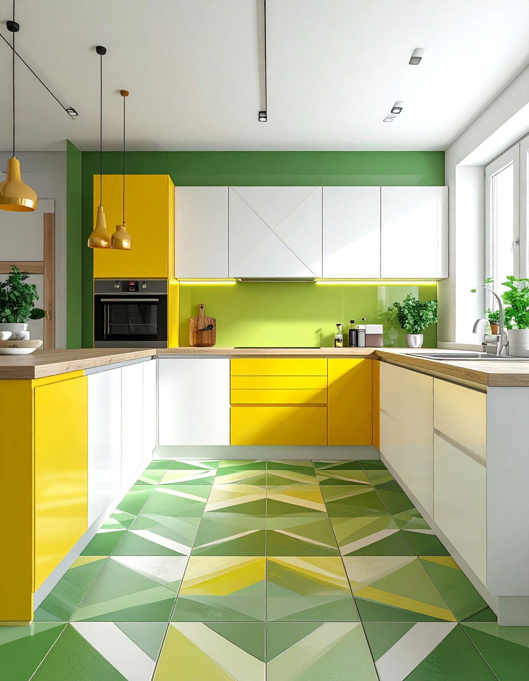 Geometric Yellow and Green Tiled Floor - 20 Green and Yellow Kitchen Ideas for a Fresh Look
