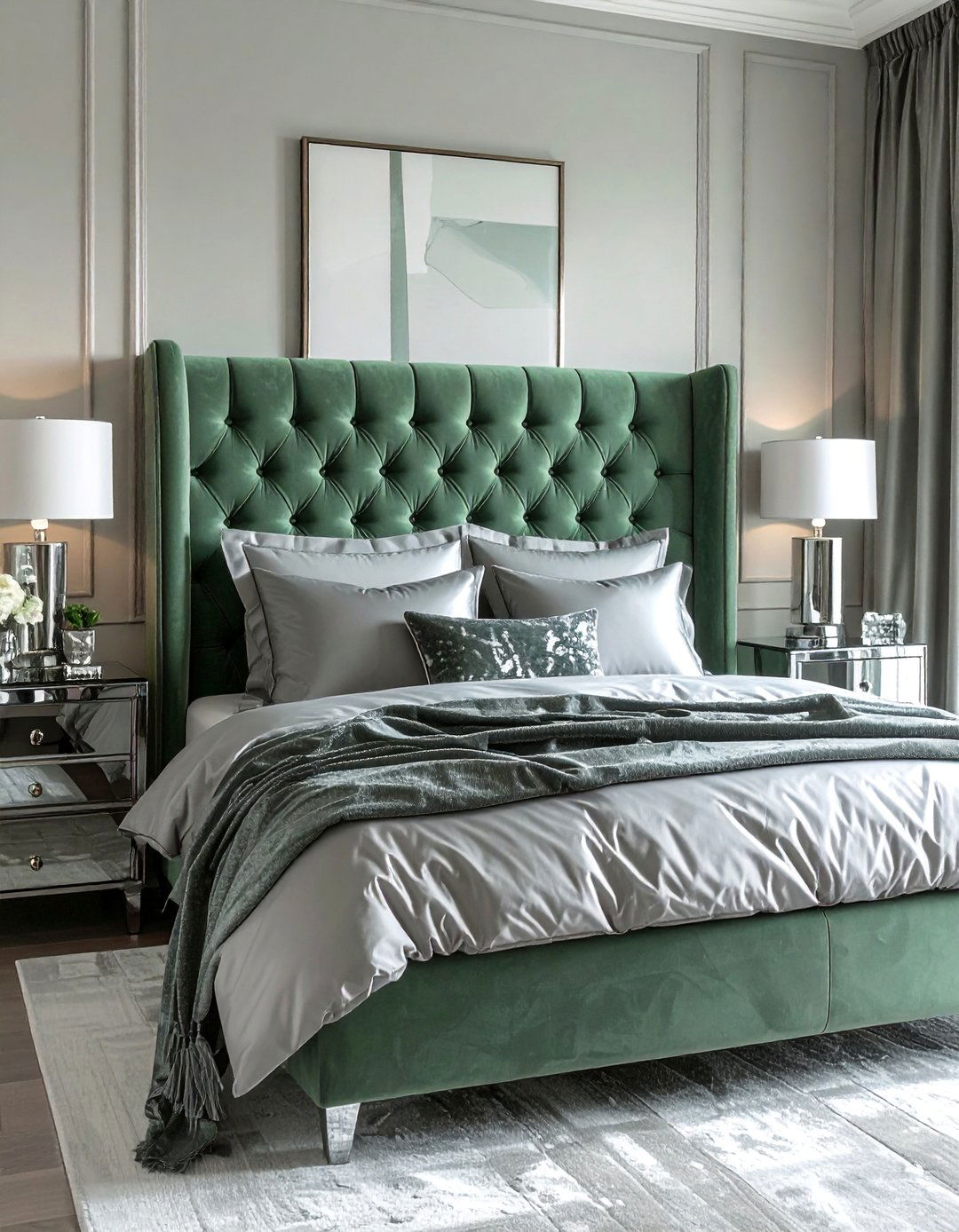 Glamorous Bedroom with Sage Green Velvet and Grey Silk - 25 Sage Green and Grey Bedroom Ideas for a Relaxing Retreat