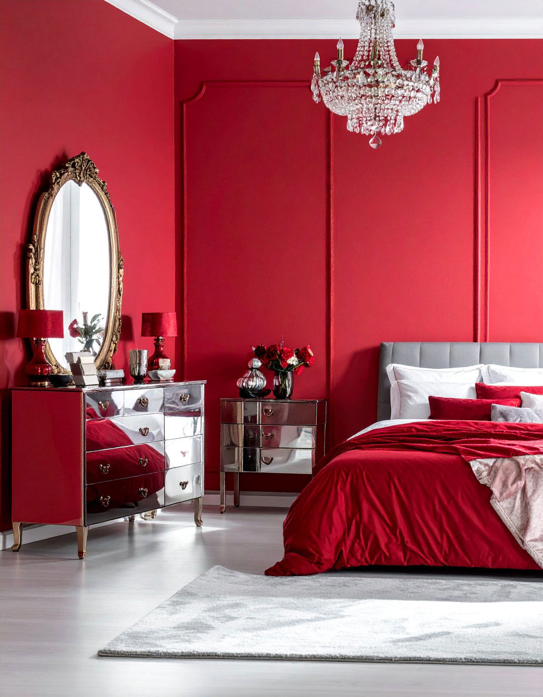 Glamorous Red Bedroom with Mirrored Furniture - 20 Red Bedroom Ideas to Create a Bold and Cozy Space