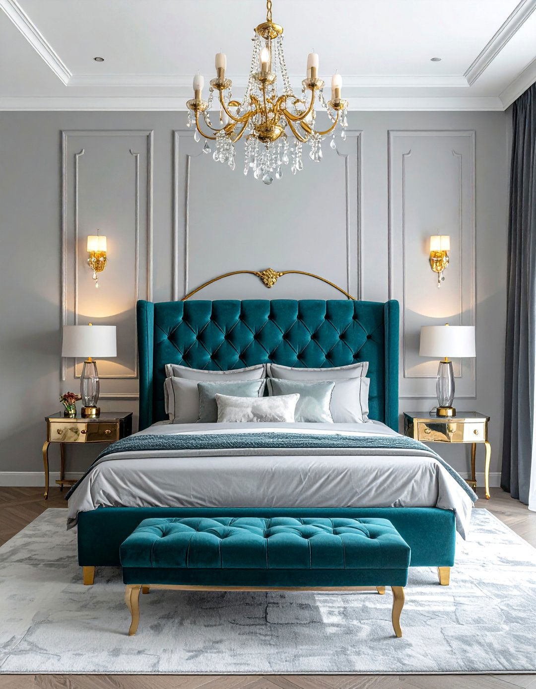 Glamorous Teal and Grey with Metallic Accents - 15 Teal and Grey Bedroom Ideas for a Stylish Retreat