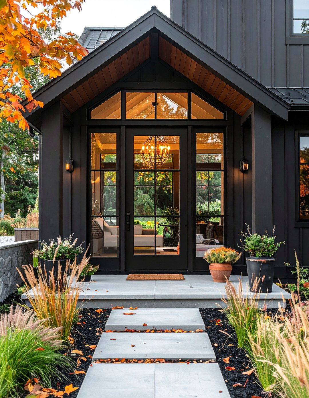 Glass Paneled Front and Back Doors - 40 Black Modern Farmhouse Exterior Design Ideas for a Sleek Look