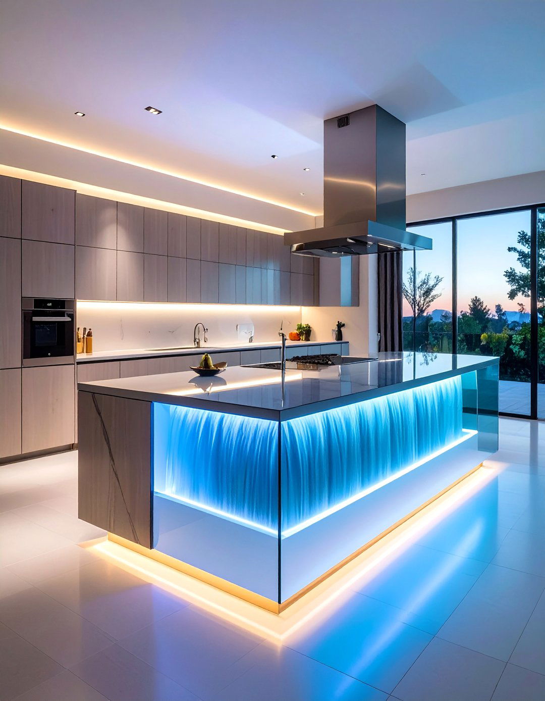 Glass Waterfall Contemporary Style - 40 Kitchen Island Ideas for Spacious Kitchens