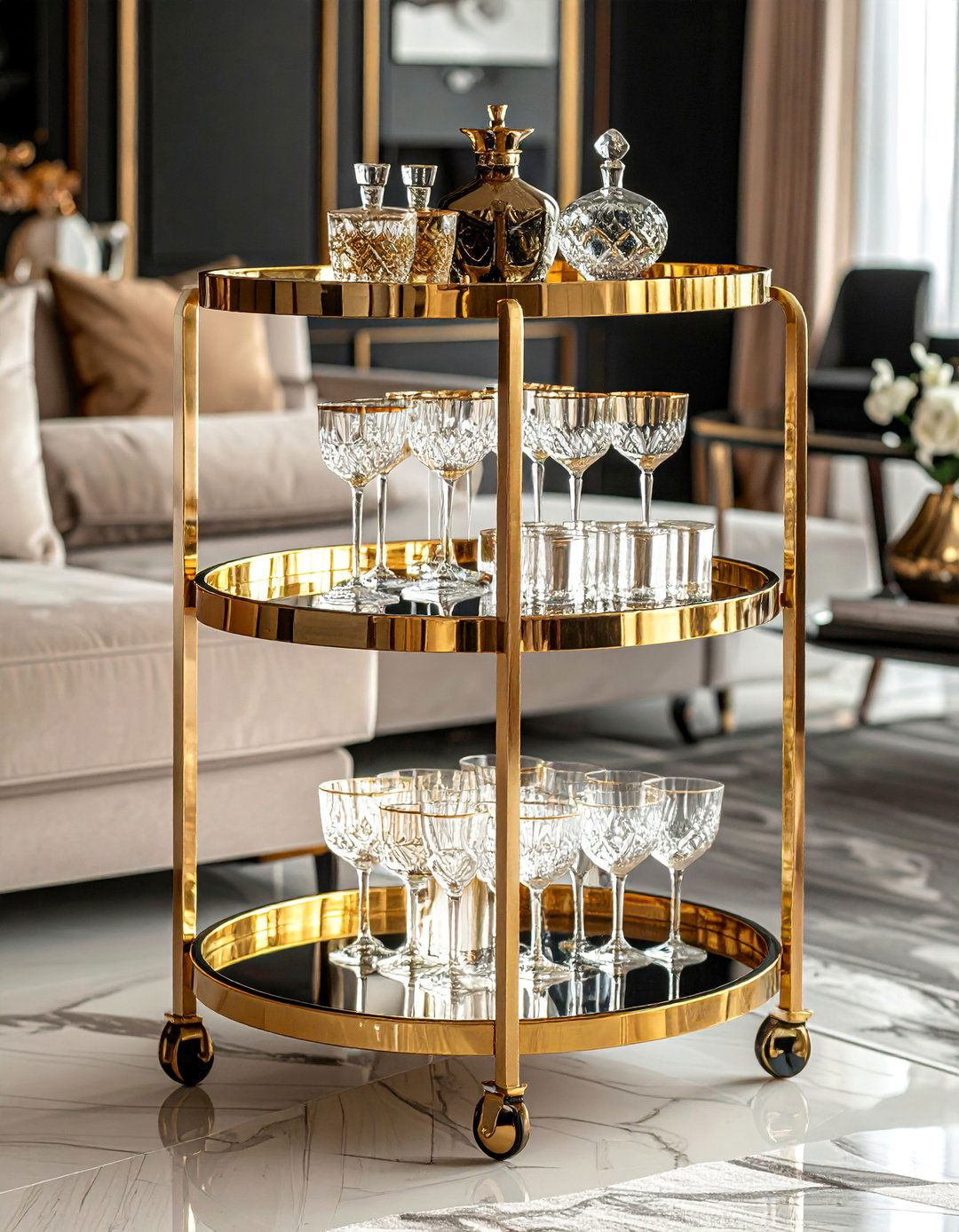 Gold Bar Cart for Entertaining - 40 Black and Gold Living Room Ideas for Luxurious Spaces