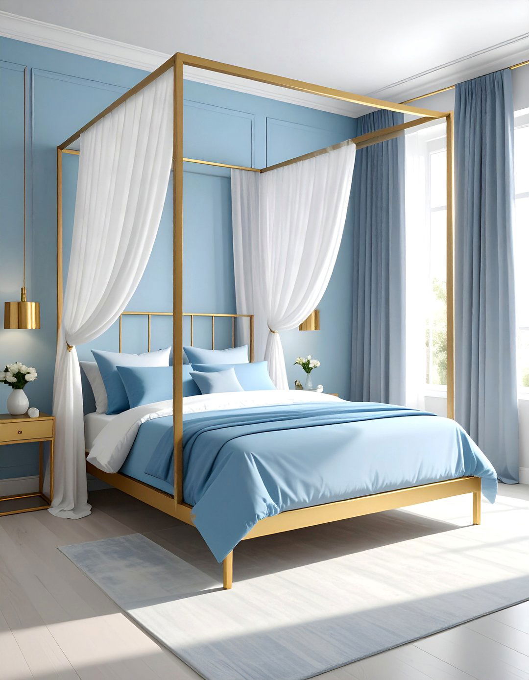 Gold Four Poster Bed with Light Blue Linens - 20 Blue and Gold Bedroom Ideas for a Luxurious Look