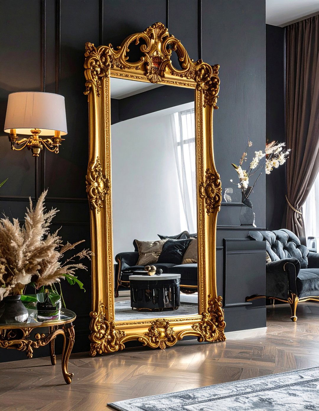 Gold Framed Floor Length Mirror - 40 Black and Gold Living Room Ideas for Luxurious Spaces
