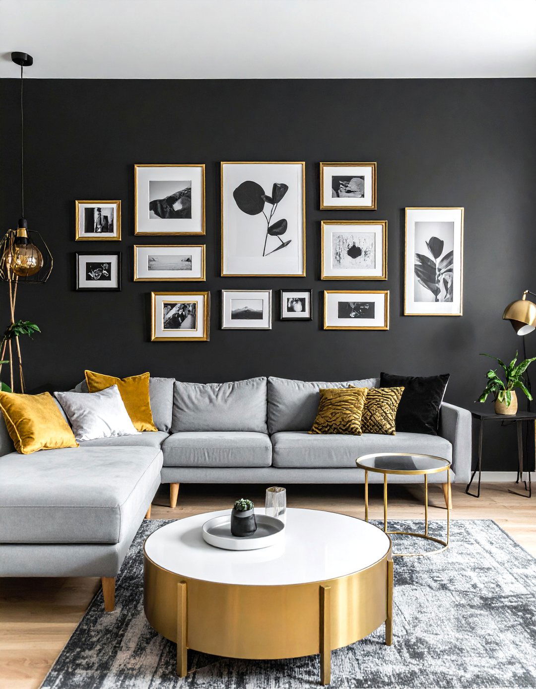 Gold Framed Gallery Wall on a Black Wall - 40 Black and Gold Living Room Ideas for Luxurious Spaces