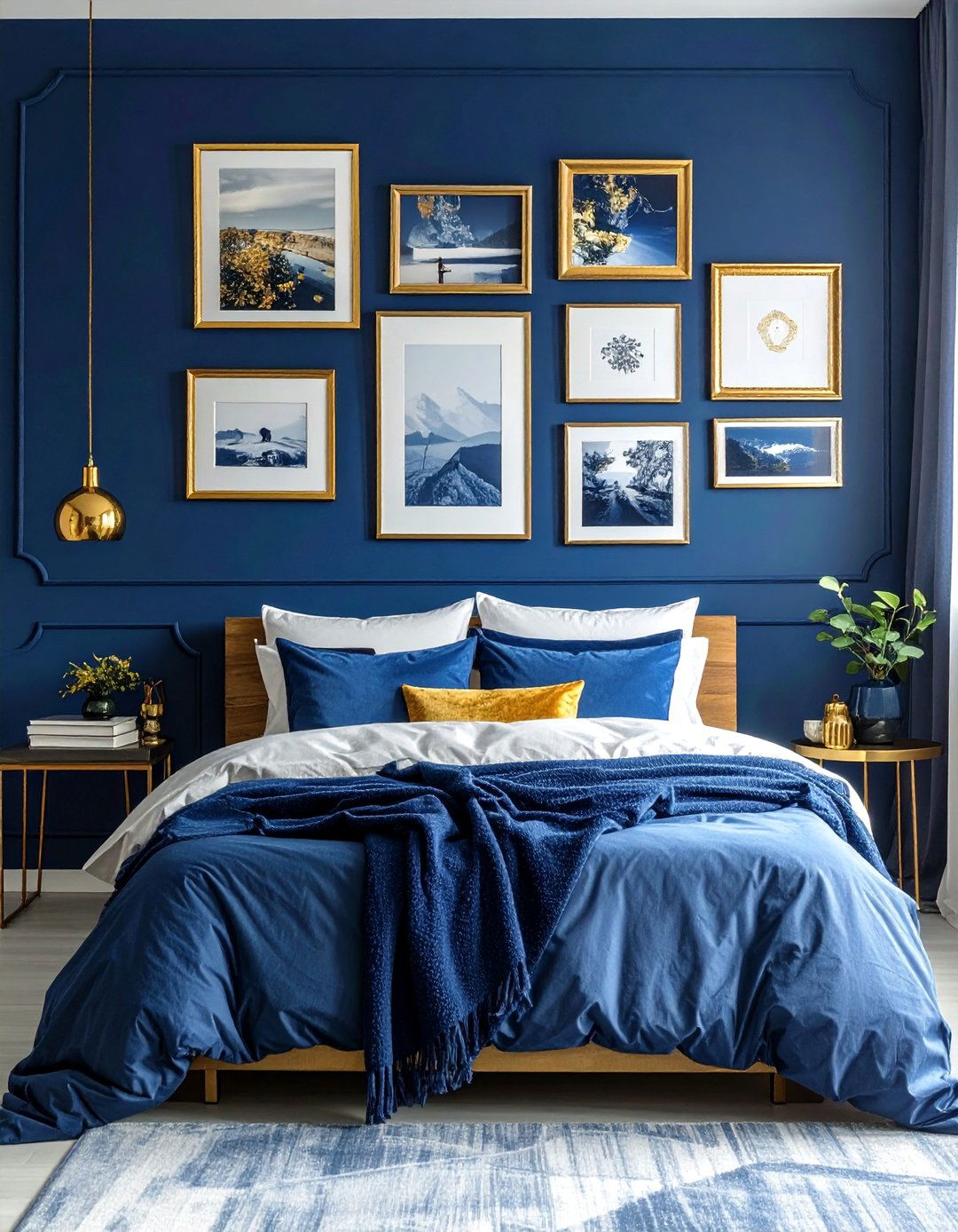 Gold Framed Gallery Wall on a Dark Blue Background - 20 Blue and Gold Bedroom Ideas for a Luxurious Look