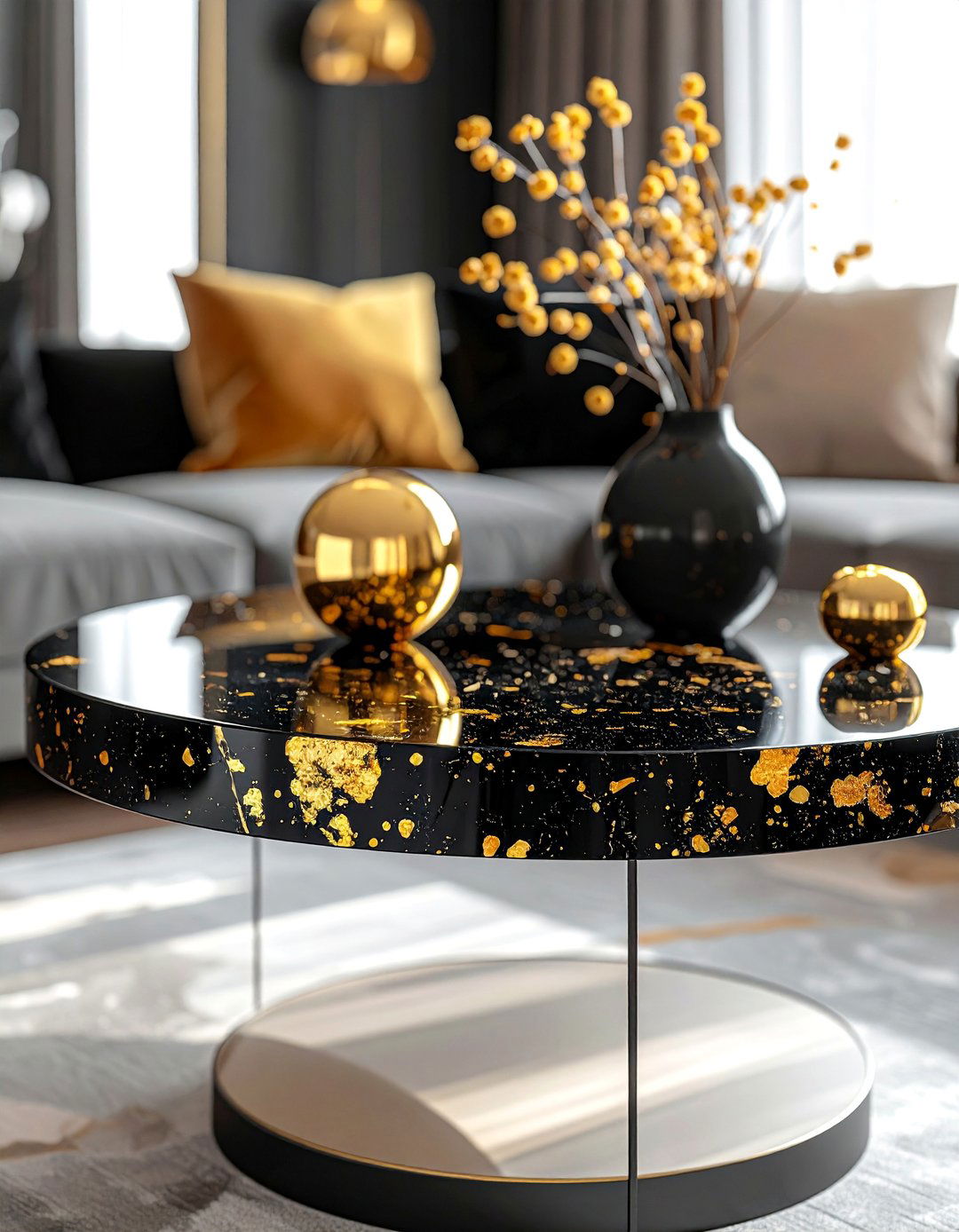 Gold Infused Terrazzo Surfaces - 40 Black and Gold Living Room Ideas for Luxurious Spaces