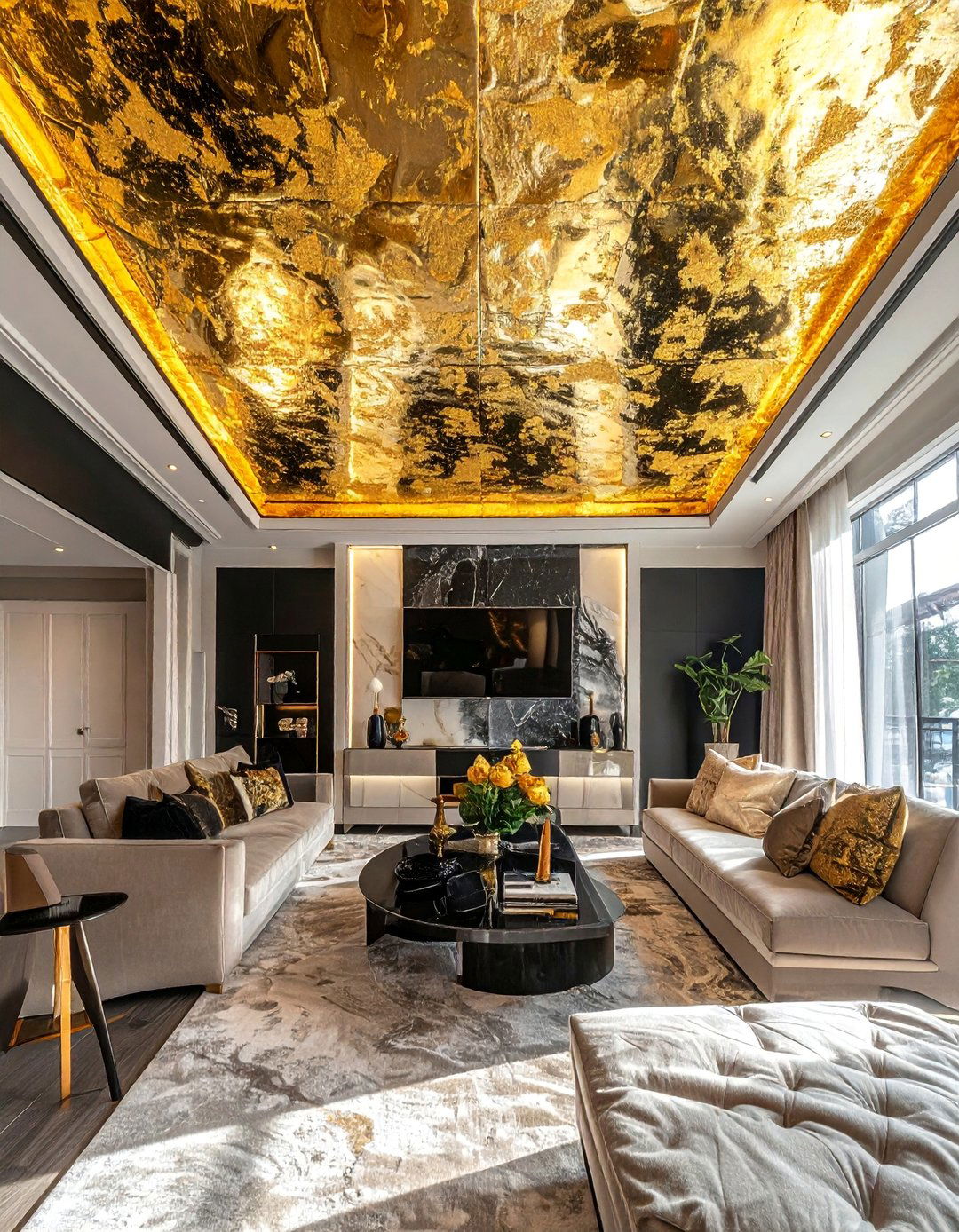 Gold Leaf Ceiling Application - 40 Black and Gold Living Room Ideas for Luxurious Spaces