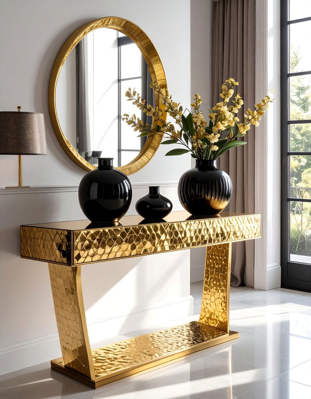Gold Leafed Console Table - 40 Black and Gold Living Room Ideas for Luxurious Spaces