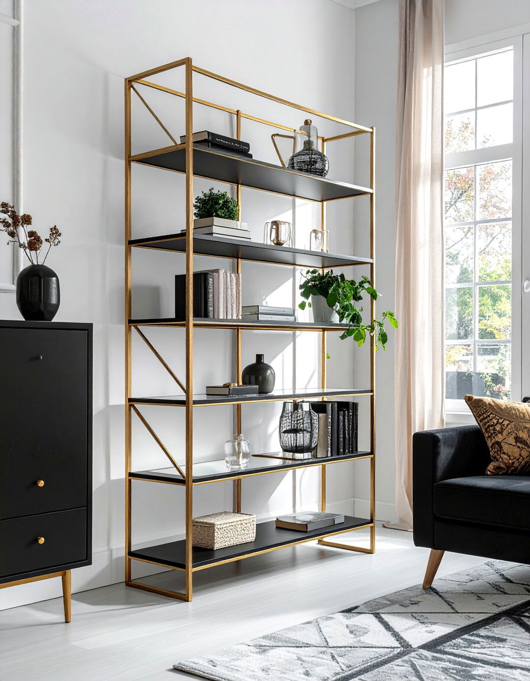 Gold Metal and Glass tagere - 40 Black and Gold Living Room Ideas for Luxurious Spaces