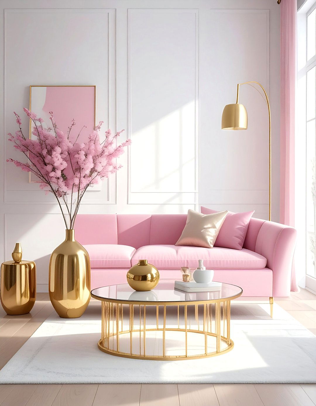 Gold Metallic Accents in a Pink and White Living Room - 20 Pink and White Living Room Ideas for a Cozy Look