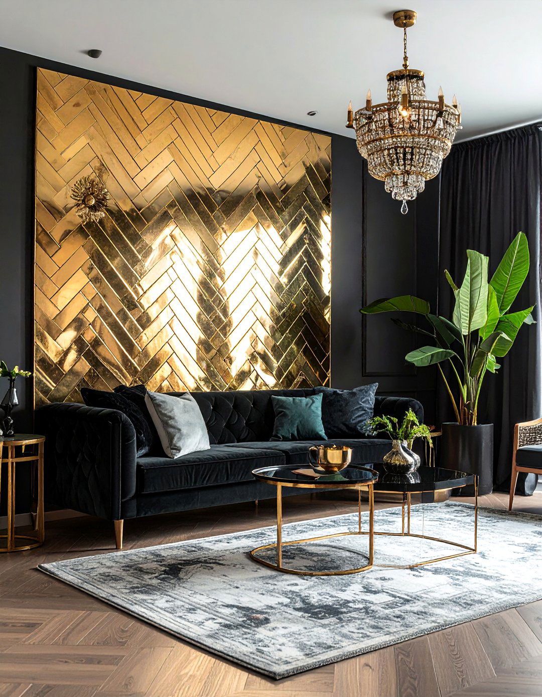 Gold Mirrored Accent Wall - 40 Black and Gold Living Room Ideas for Luxurious Spaces
