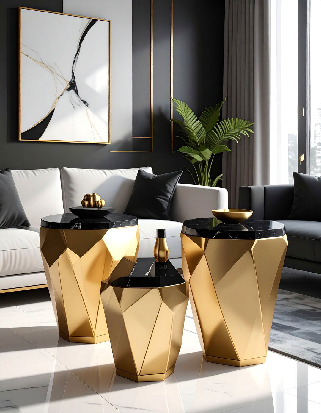 Gold Sculptural Side Tables - 40 Black and Gold Living Room Ideas for Luxurious Spaces