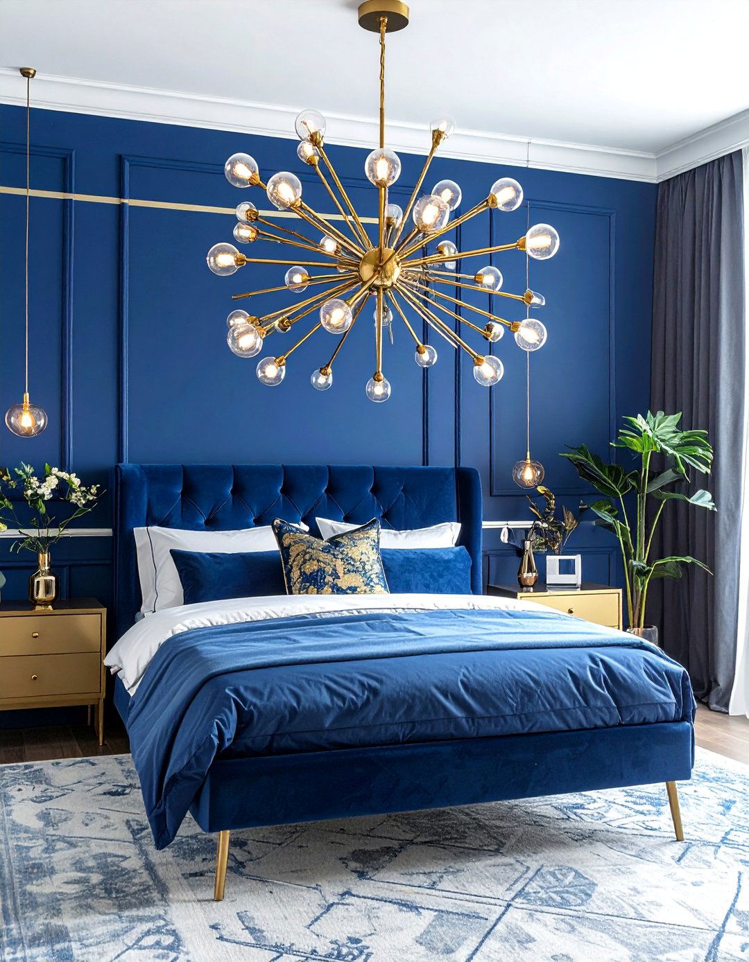 Gold Sputnik Chandelier in a Royal Blue Bedroom - 20 Blue and Gold Bedroom Ideas for a Luxurious Look