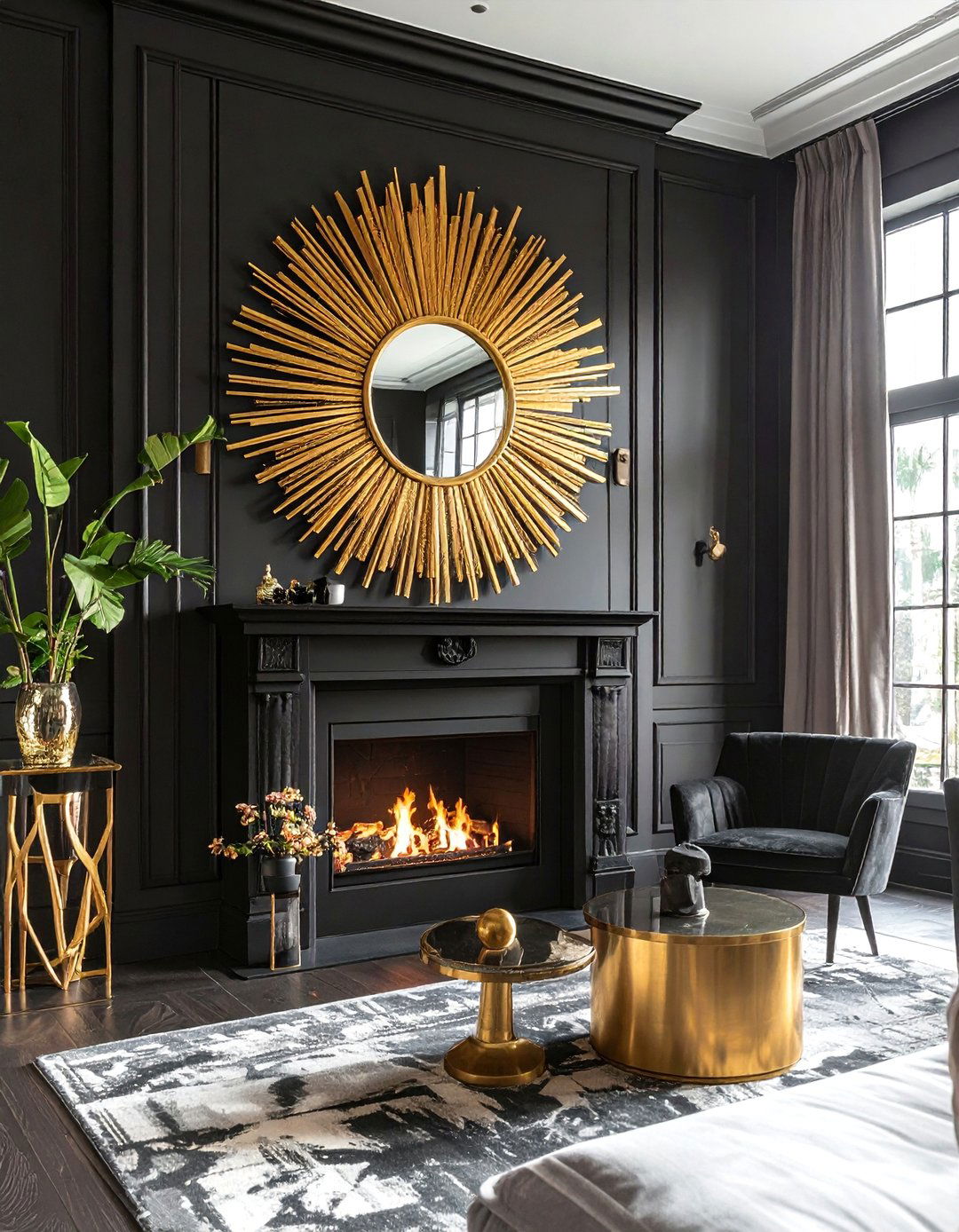 Gold Sunburst Mirror - 40 Black and Gold Living Room Ideas for Luxurious Spaces