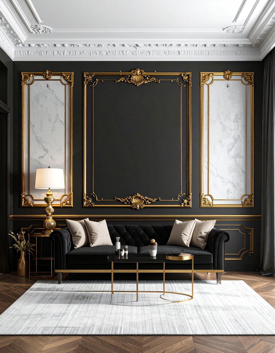 Gold Trim on Architectural Moldings - 40 Black and Gold Living Room Ideas for Luxurious Spaces