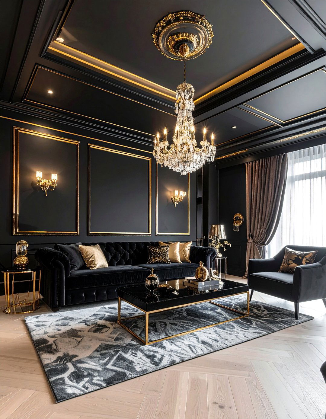 Gold Trimmed Coffered Ceiling - 40 Black and Gold Living Room Ideas for Luxurious Spaces