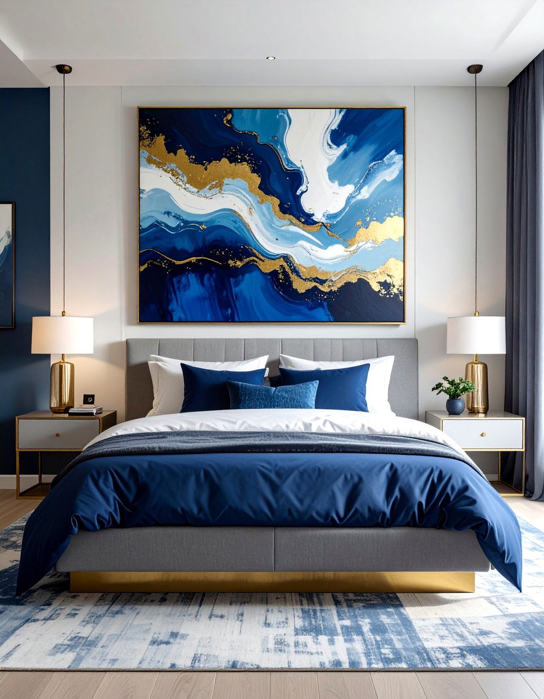 Gold and Blue Abstract Artwork as a Focal Point - 20 Blue and Gold Bedroom Ideas for a Luxurious Look