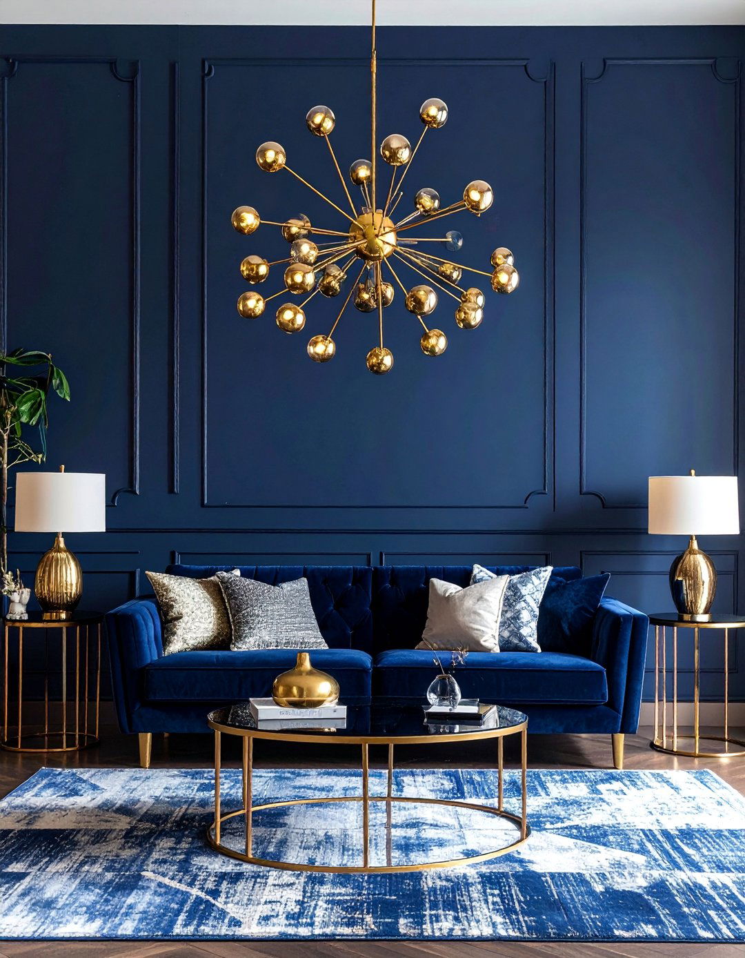 Gold and Brass Accents in a Navy Blue Living Room - 25 Navy Blue Living Room Ideas for a Stylish Space