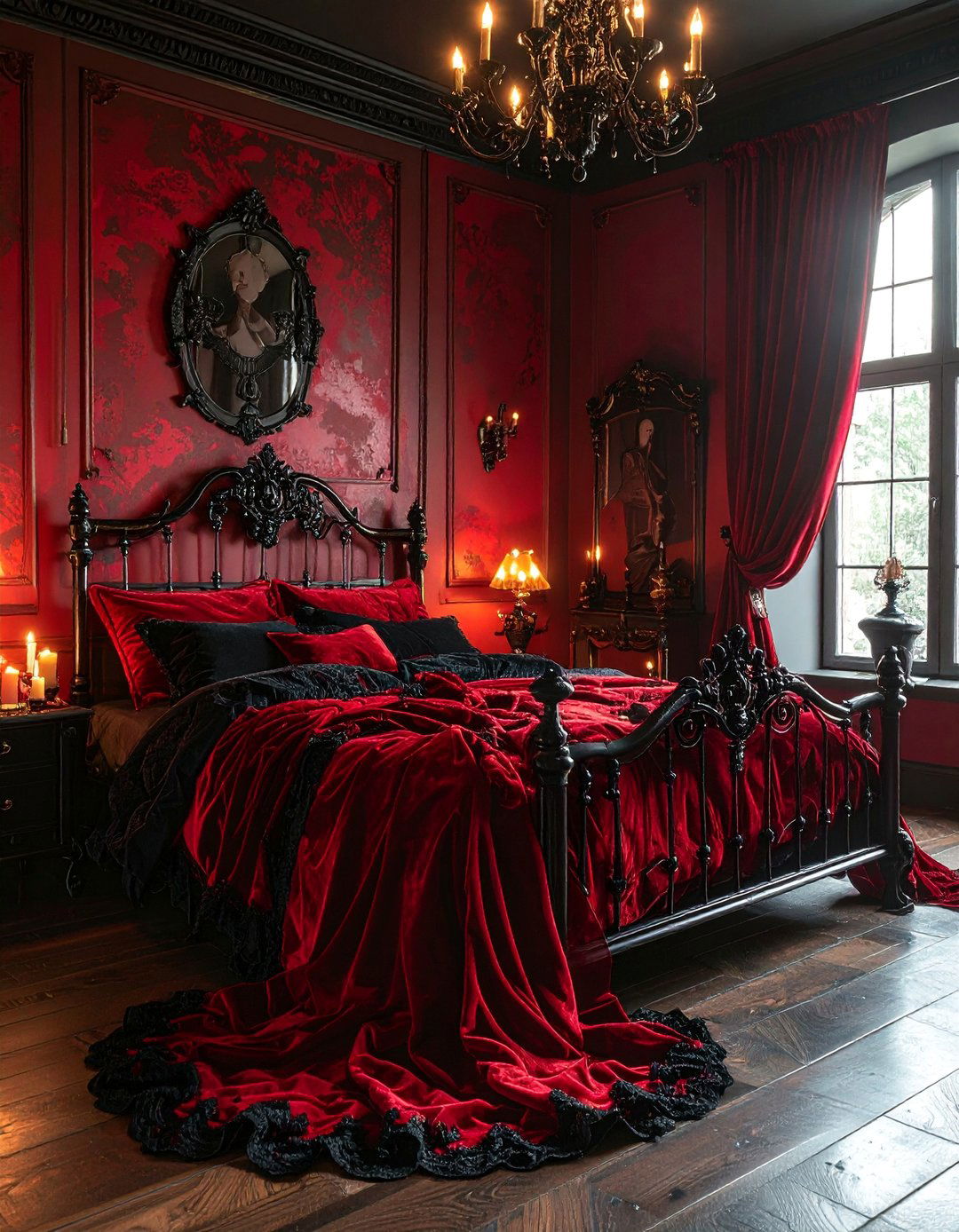 Gothic Romance with Black Lace and Red Velvet - 25 Red and Black Bedroom Ideas for a Bold Statement