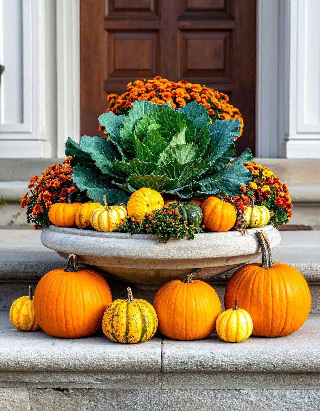 Gourds Pumpkins and Cabbage Fall Planter - 40 Fall Planter Ideas to Add Seasonal Charm