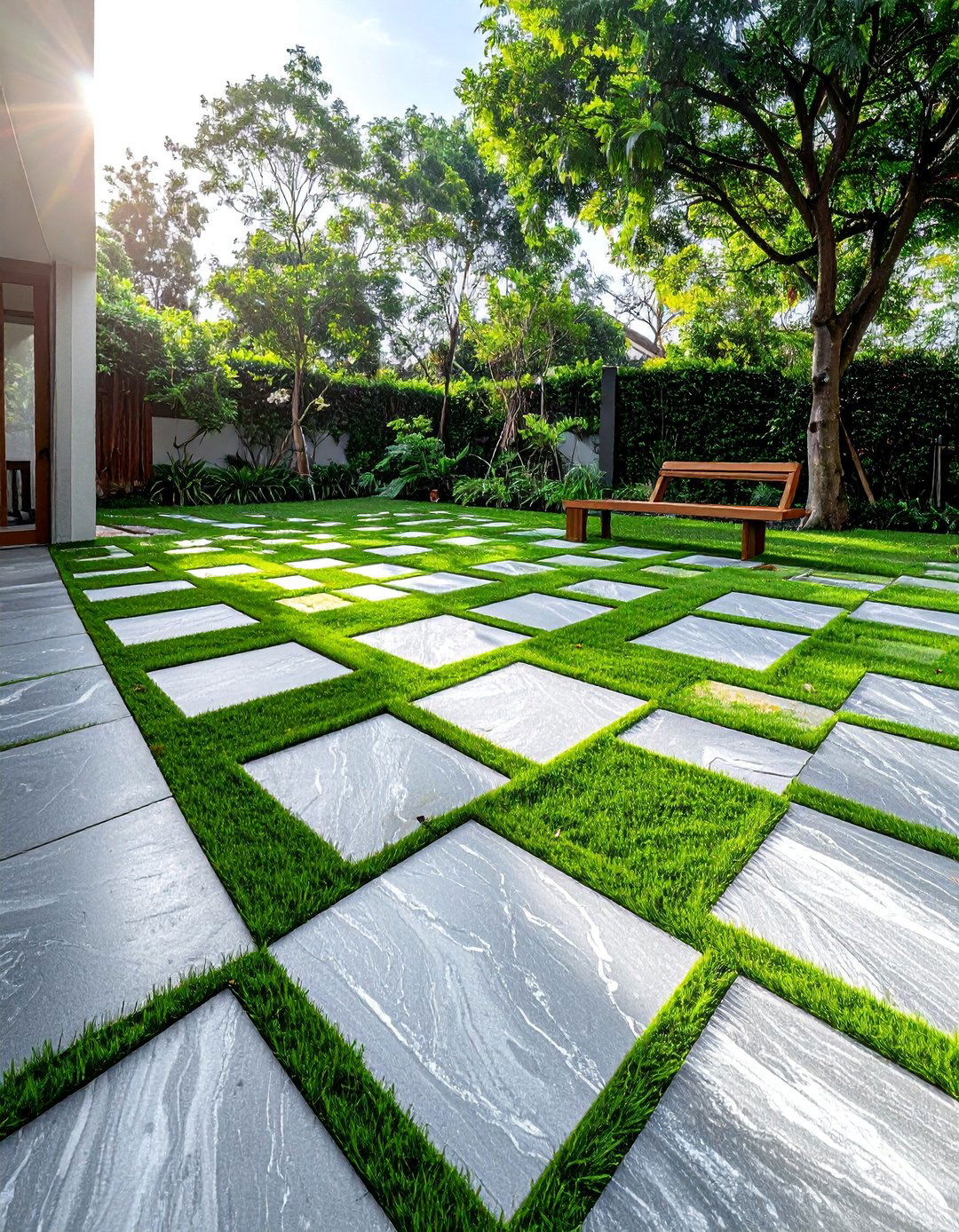 Grass and Tile Checkerboard Patio - 30 Patio Tile Ideas for a Stylish Outdoor Space