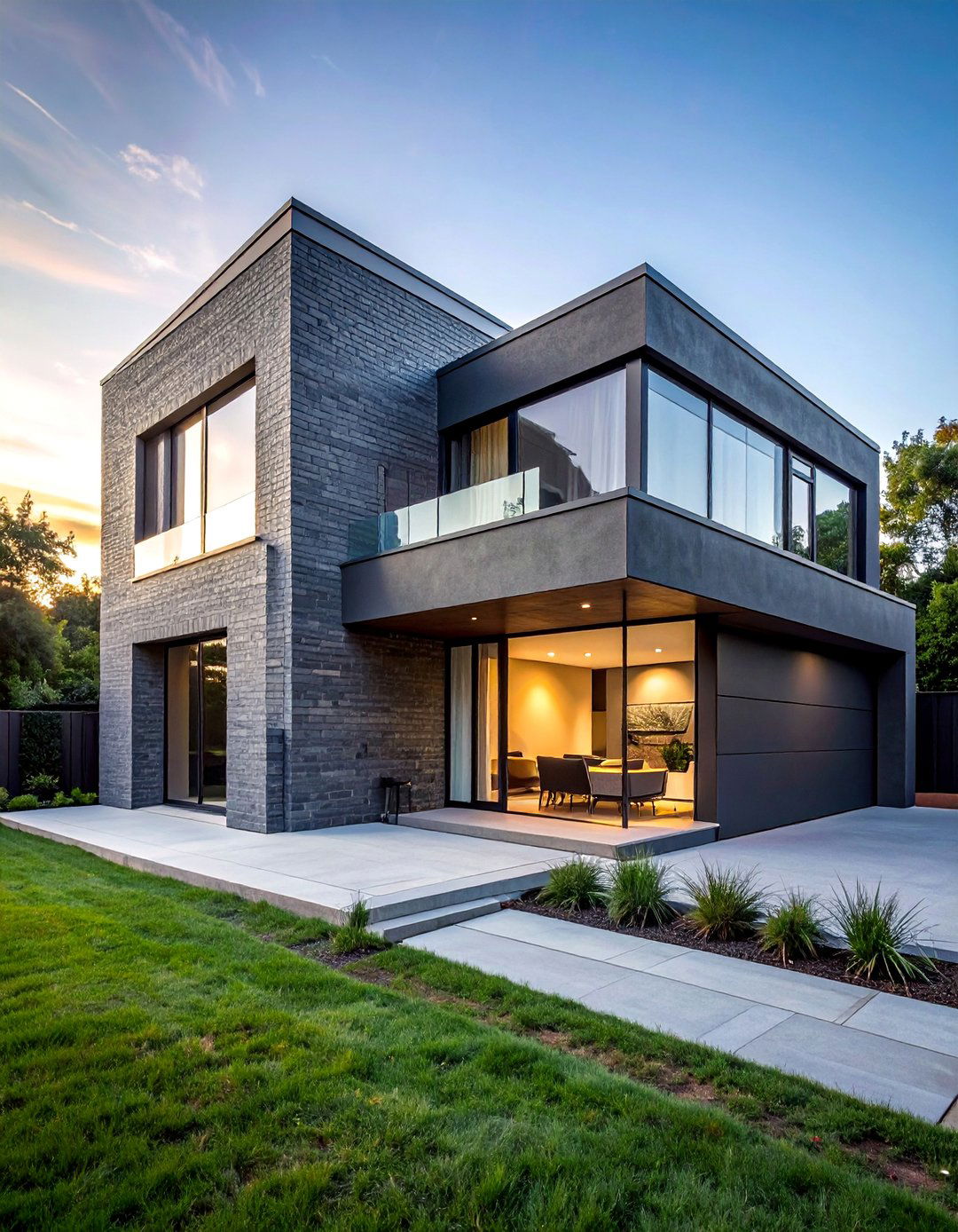 Gray Brick Exterior with Asymmetrical Design - 30 Gray Brick Exterior Home Ideas for Modern Elegance