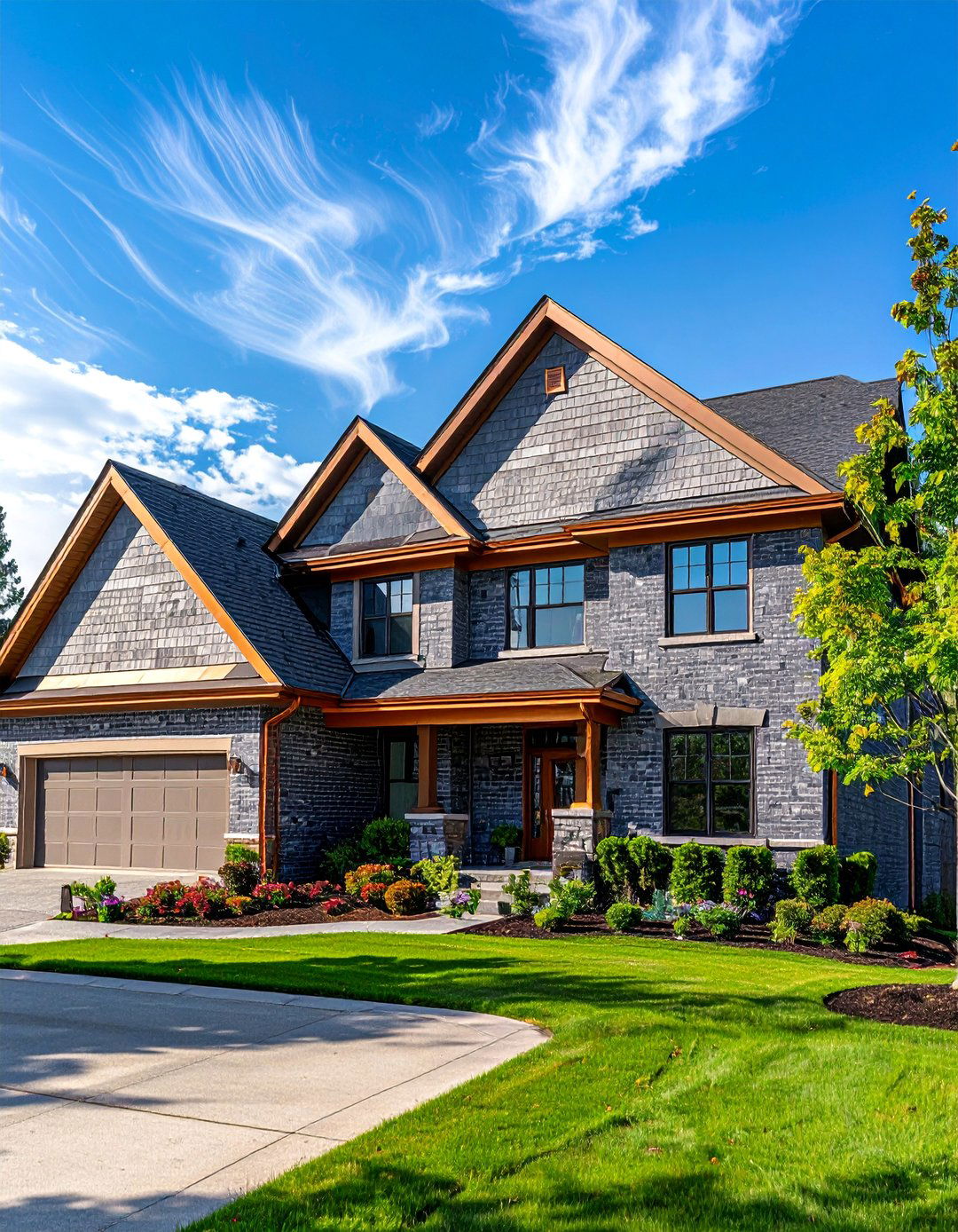 Gray Brick Exterior with Copper Gutters - 30 Gray Brick Exterior Home Ideas for Modern Elegance