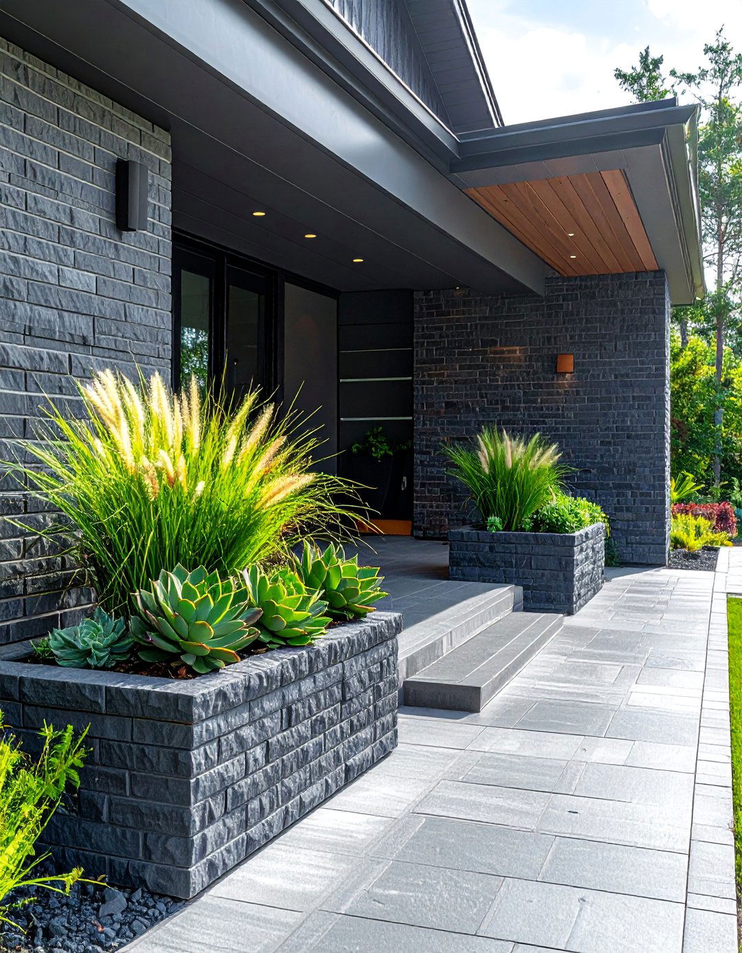 Gray Brick Exterior with Integrated Planters - 30 Gray Brick Exterior Home Ideas for Modern Elegance