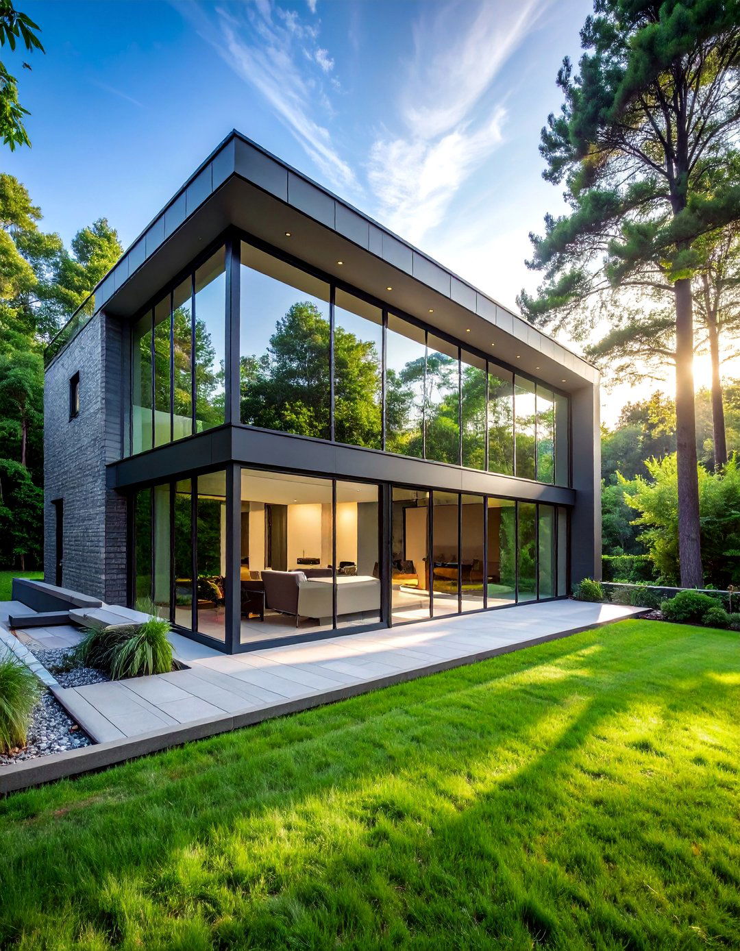 Gray Brick Exterior with Large Glass Windows - 30 Gray Brick Exterior Home Ideas for Modern Elegance