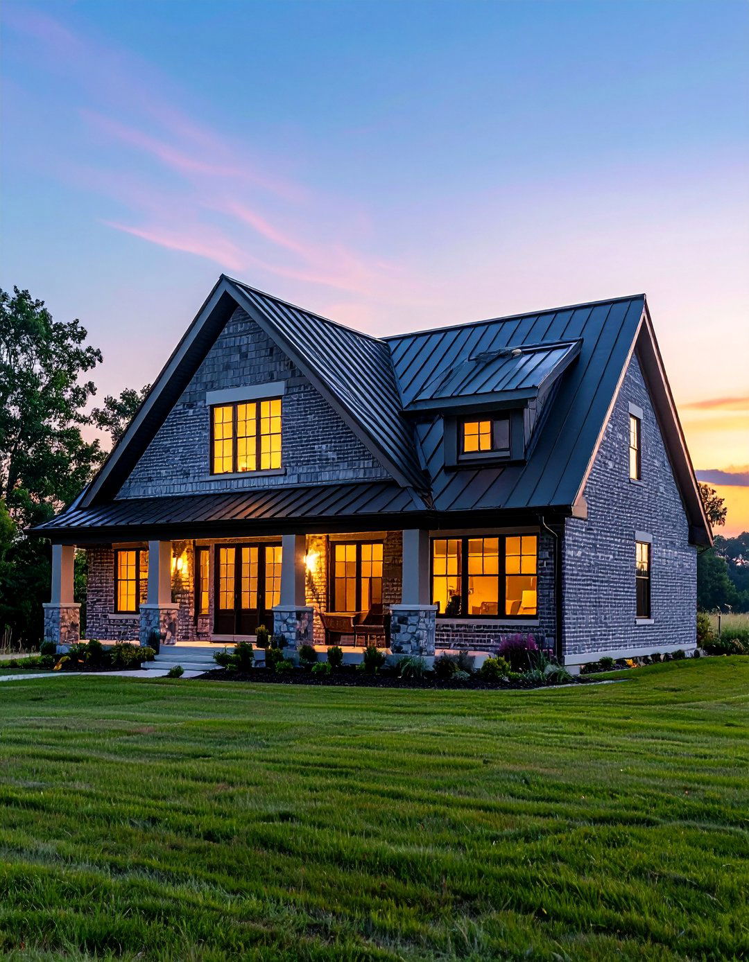 Gray Brick Exterior with Modern Gable Rooflines - 30 Gray Brick Exterior Home Ideas for Modern Elegance