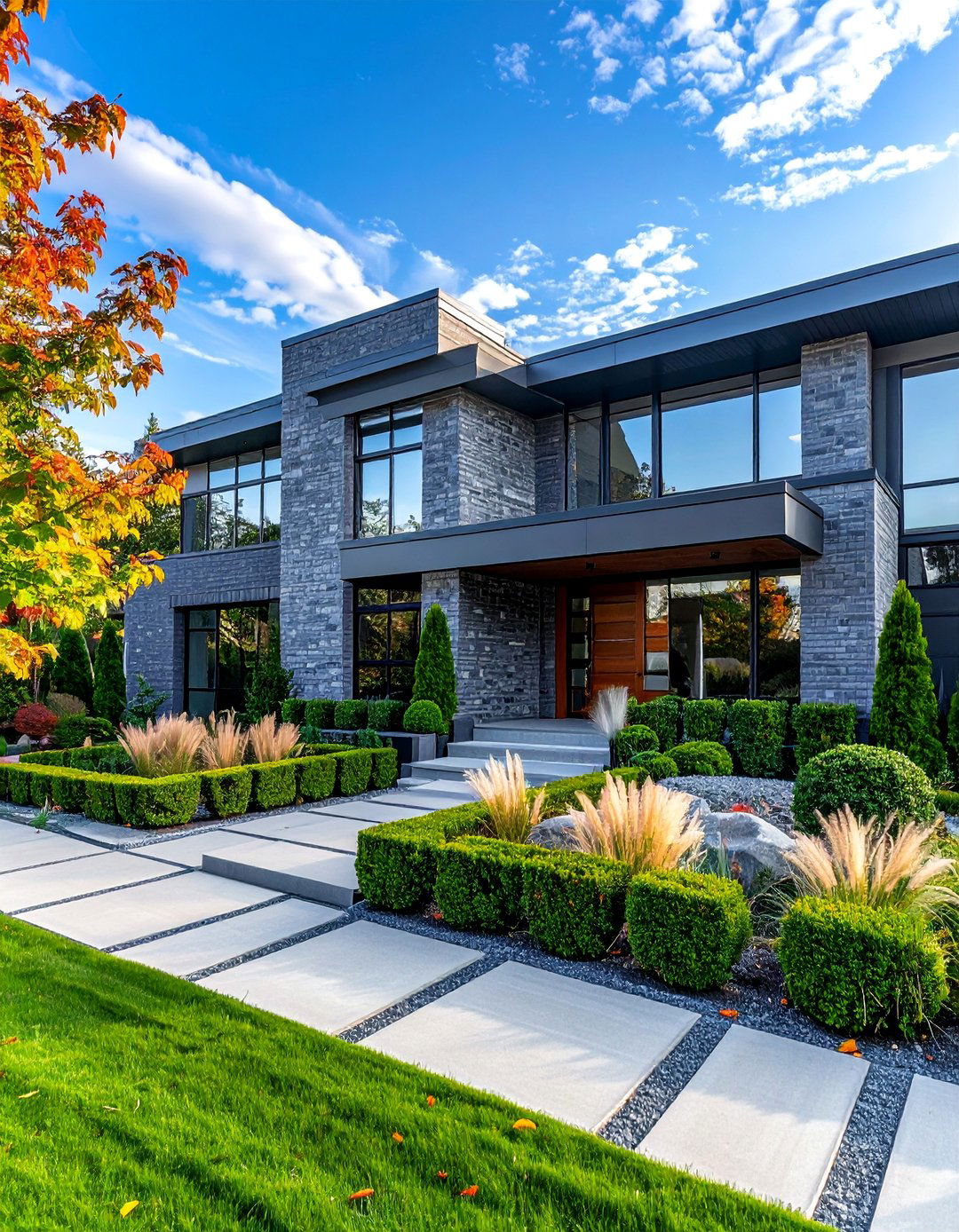 Gray Brick Exterior with Sleek Landscaping - 30 Gray Brick Exterior Home Ideas for Modern Elegance