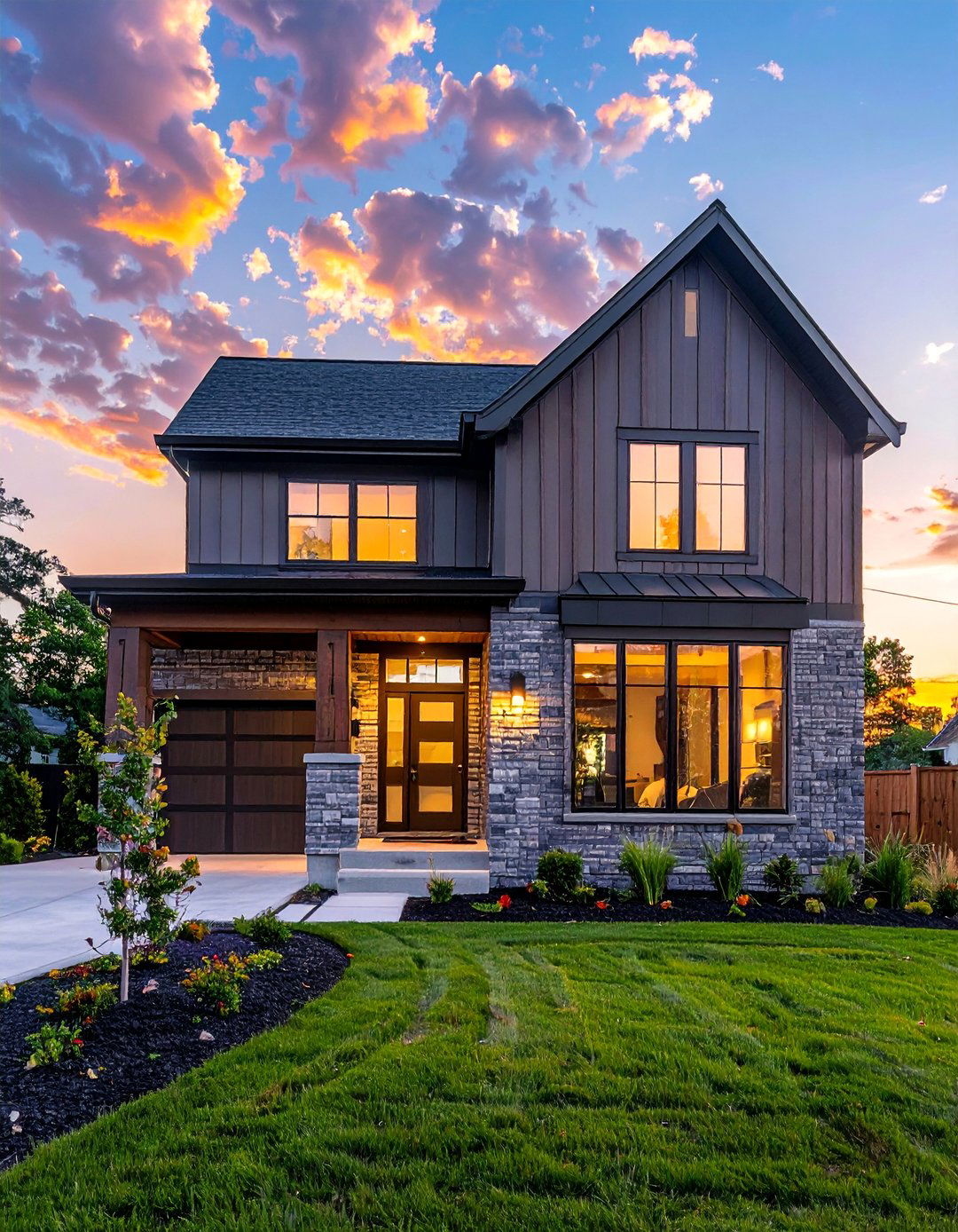 Gray Brick Exterior with Vertical Wood Siding - 30 Gray Brick Exterior Home Ideas for Modern Elegance