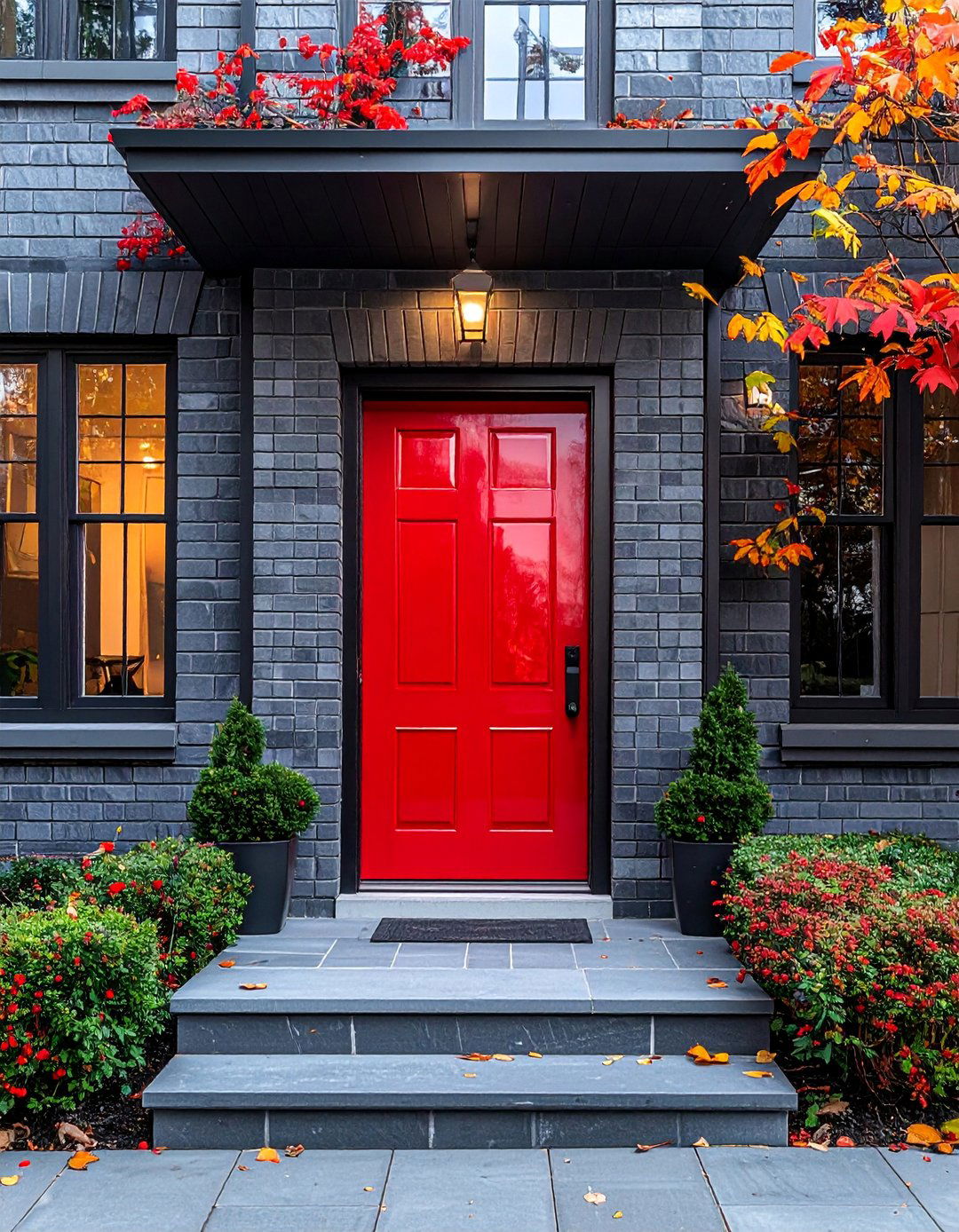 Gray Brick Exterior with a Bold Front Door - 30 Gray Brick Exterior Home Ideas for Modern Elegance