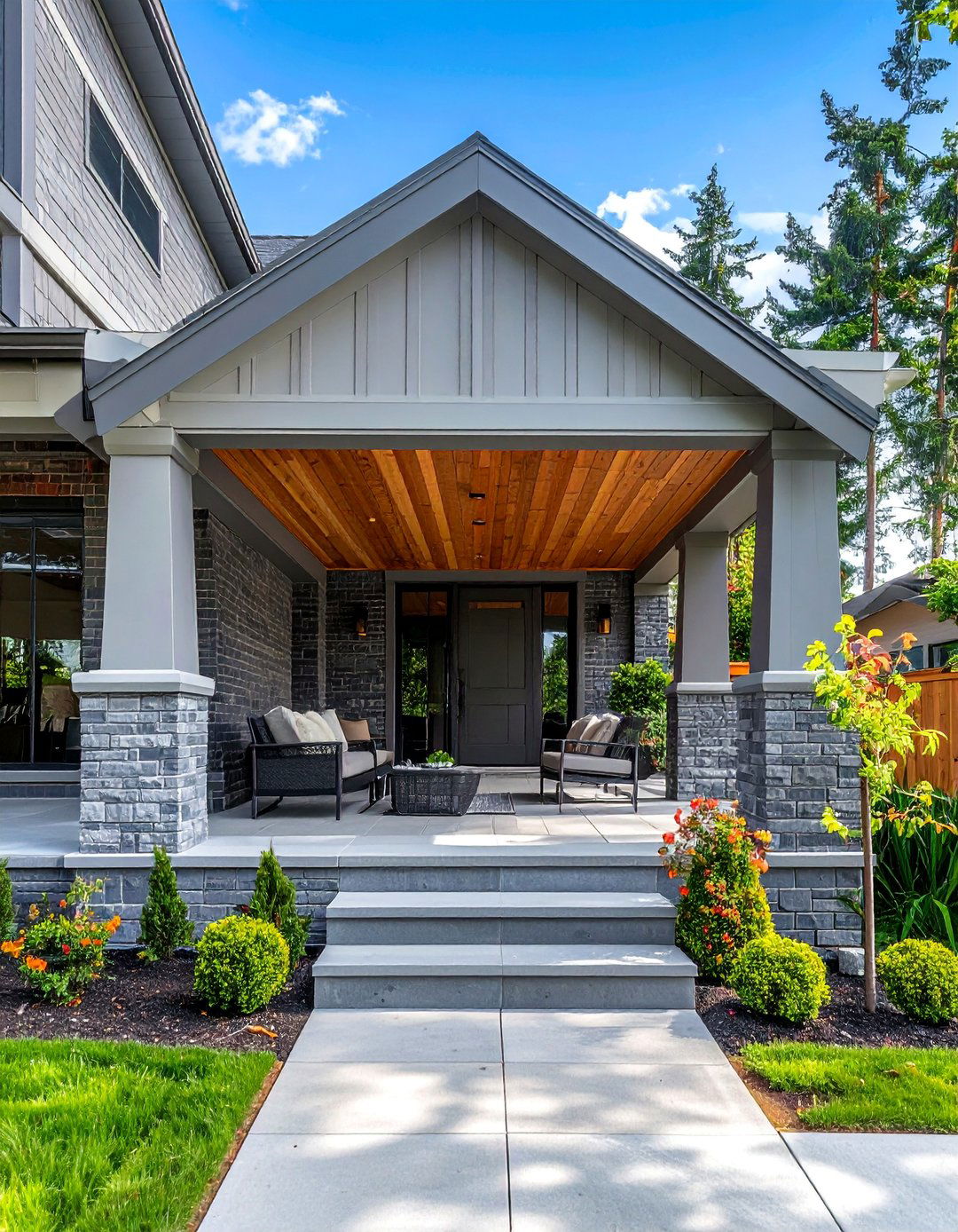 Gray Brick Exterior with a Covered Porch - 30 Gray Brick Exterior Home Ideas for Modern Elegance