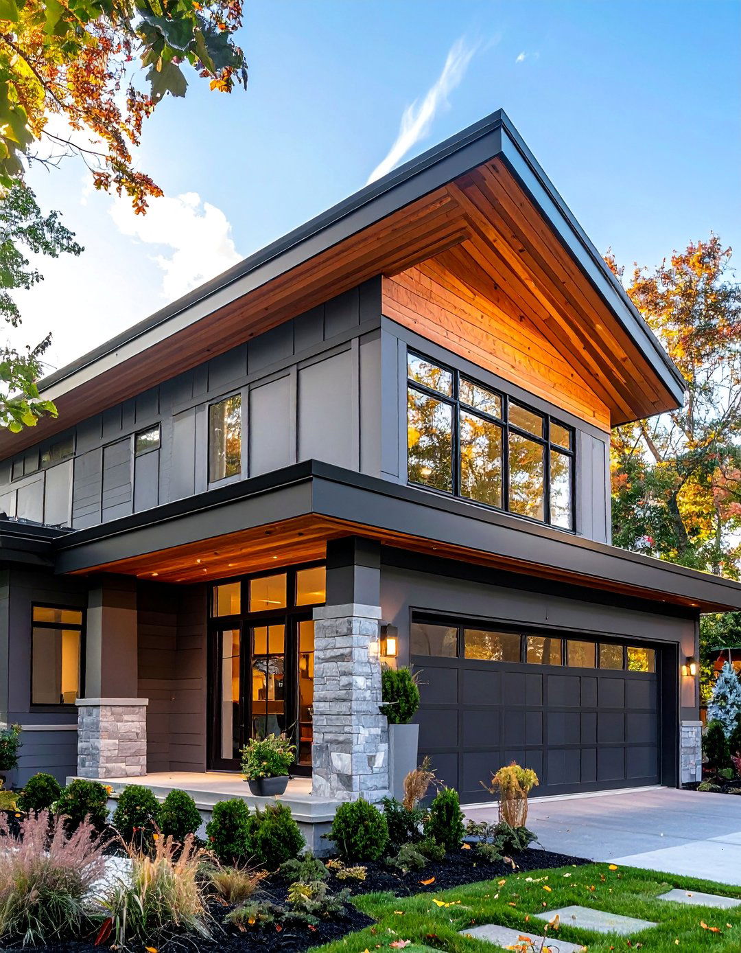 Gray Exterior with Warm Wood Soffits - 40 Gray Exterior House Paint Ideas for Modern Homes